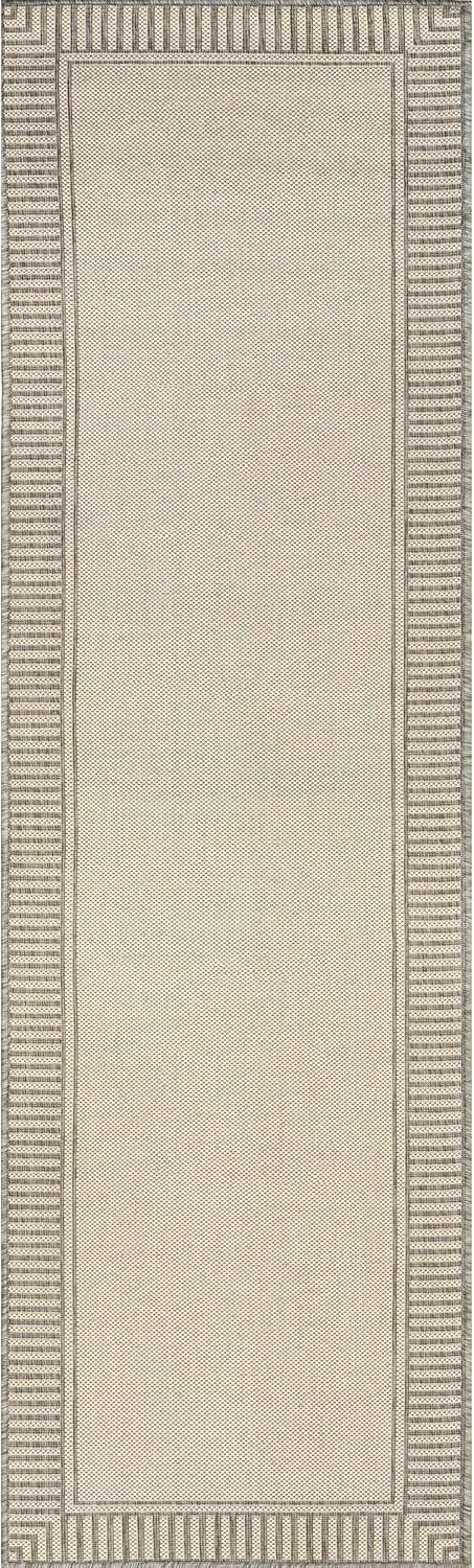 nuLOOM 2' x 8' Outdoor Area Rug, Casual Design with Striped Border, Stain Resistant, Highly Durable, for Patio, Balcony, Bedroom, Living Room, Dining Room, Bathroom, Light Grey
