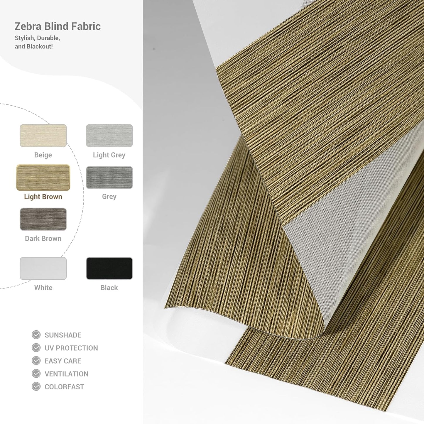 Cordless Zebra Blinds for Windows, Blackout Interior Blinds,Easy to Install,UV Protection,for Offices and Home,Custom Roller Shades, Mousse Light Bown,24" W x 48" H