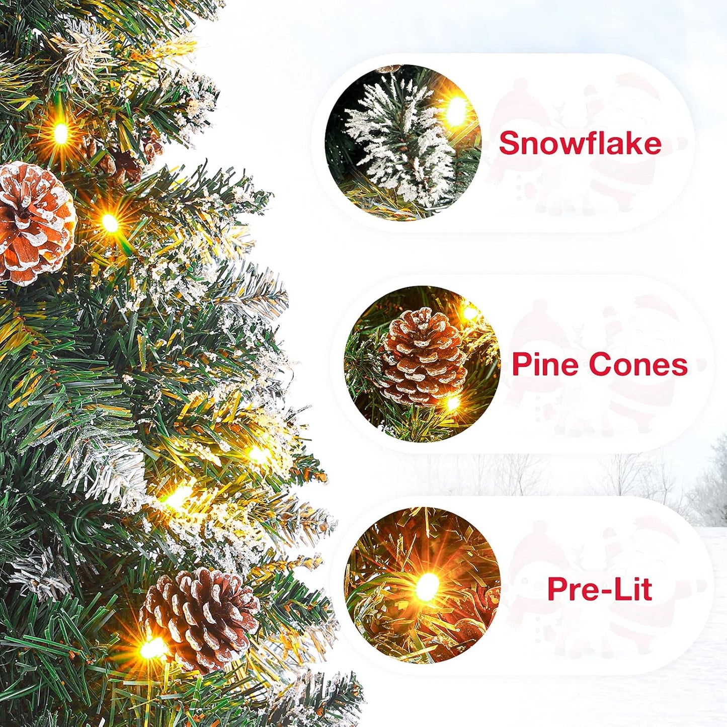 Homde Pencil Christmas Tree 7 Foot Pre-Lit Artificial Christmas Tree with Flocked Snow Pine Cone 210 Warm White Light Holiday Decor