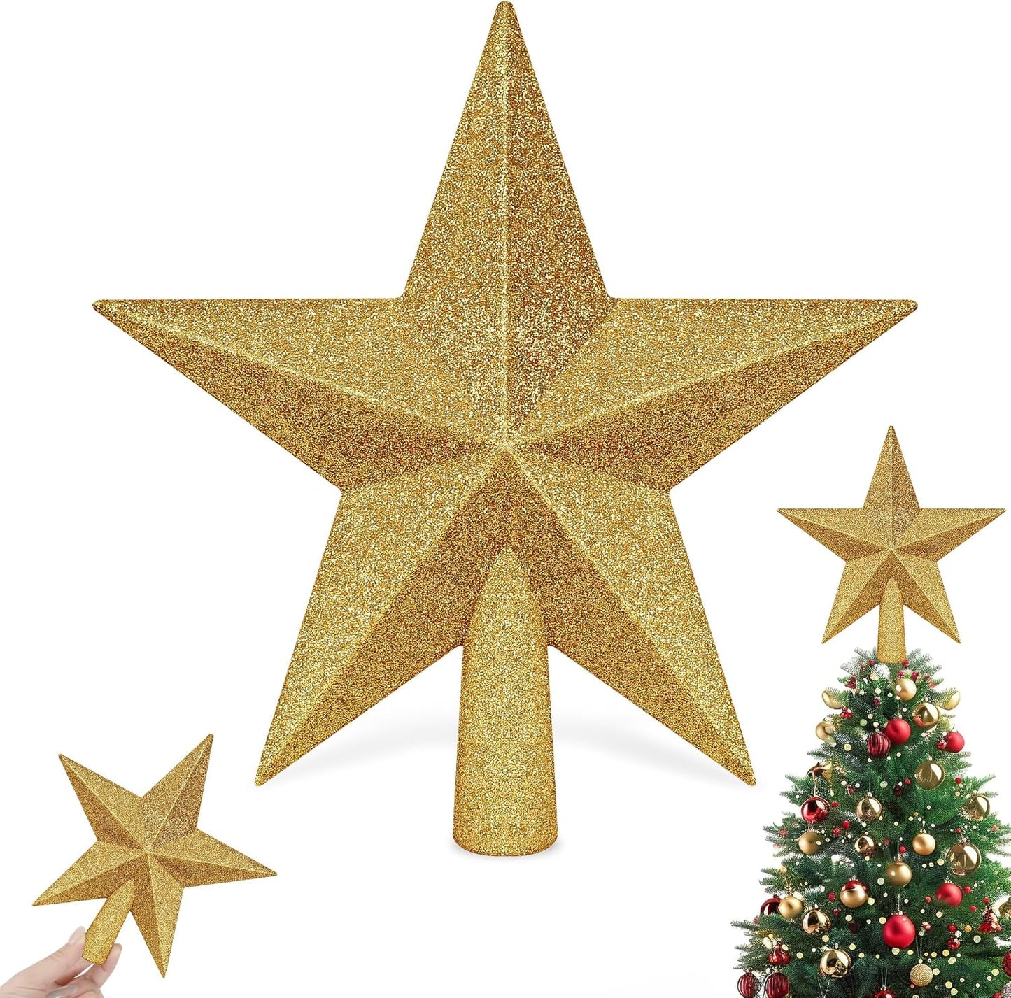 Christmas Tree Star Topper, 8" Gold Xmas Star Tree Decorations, 3D Shatterproof Bethlehem Star Tree Topper Decorations, Waterproof Christmas Tree Topper Decor for Holiday Home Outdoor Ornament