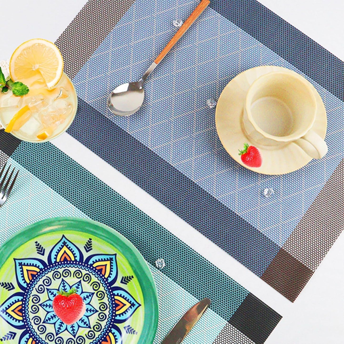 CADONO Placemats Set of 4 Washable Indoor/Outdoor Vinyl Place Mats for Dining Table Durable Non-Slip Heat Resistant PVC Weave Table Mats（Rhombus-Blue）