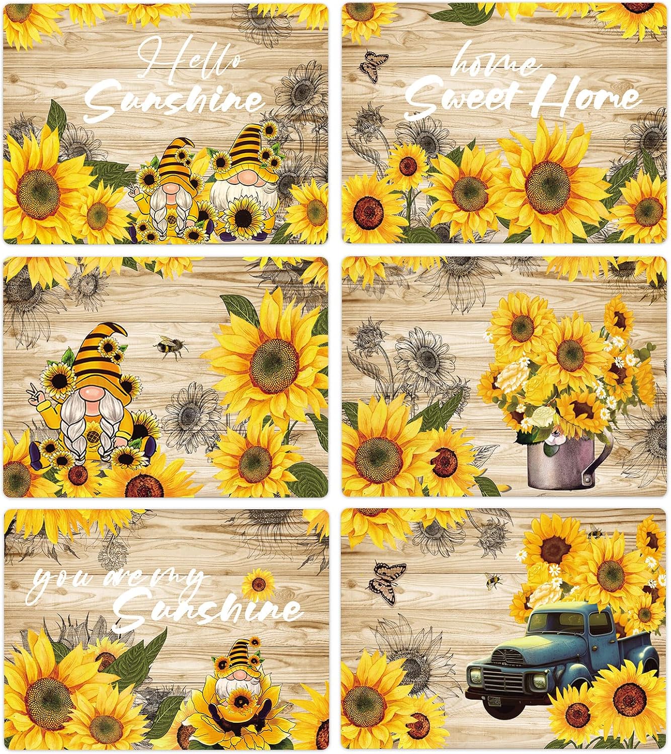 Sunflower Placemats Set of 6 Sunshine Plastic Table Mats Vintage Sunflower Theme Place Mats Summer Holiday Washable Table Placemats for Indoor Outdoor Party Kitchen Dining