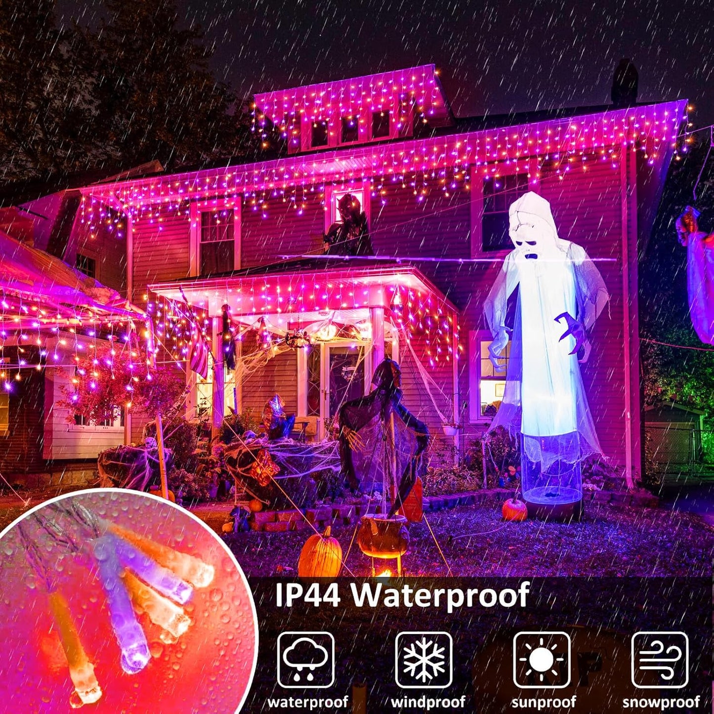 Orange and Purple Halloween Lights Outdoor, 33FT 400 LED Icicle Lights for Outside with Waterproof 8 Modes, Plug in Timer String Twinkle Light for Indoor House Yard Party Holiday Decorations
