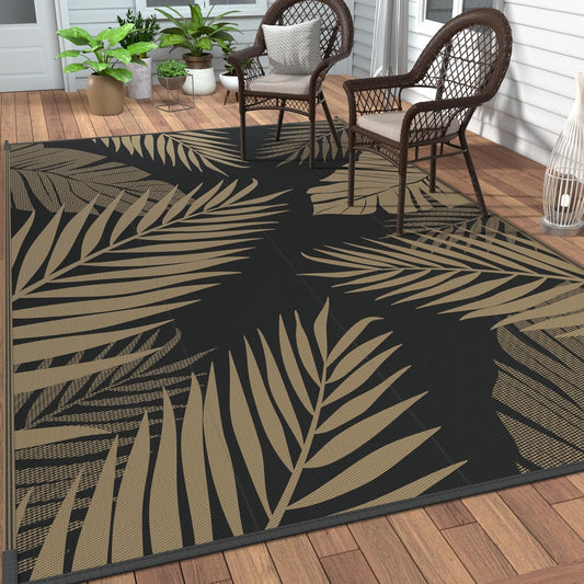 GENIMO Outdoor Rug 5' x 8' Waterproof for Patios Clearance, Reversible Outdoor Plastic Straw Camping Rug Carpet, Large Area Rugs Mats for RV, Picnic, Backyard, Deck, Balcony, Porch, Beach, Black&Brown