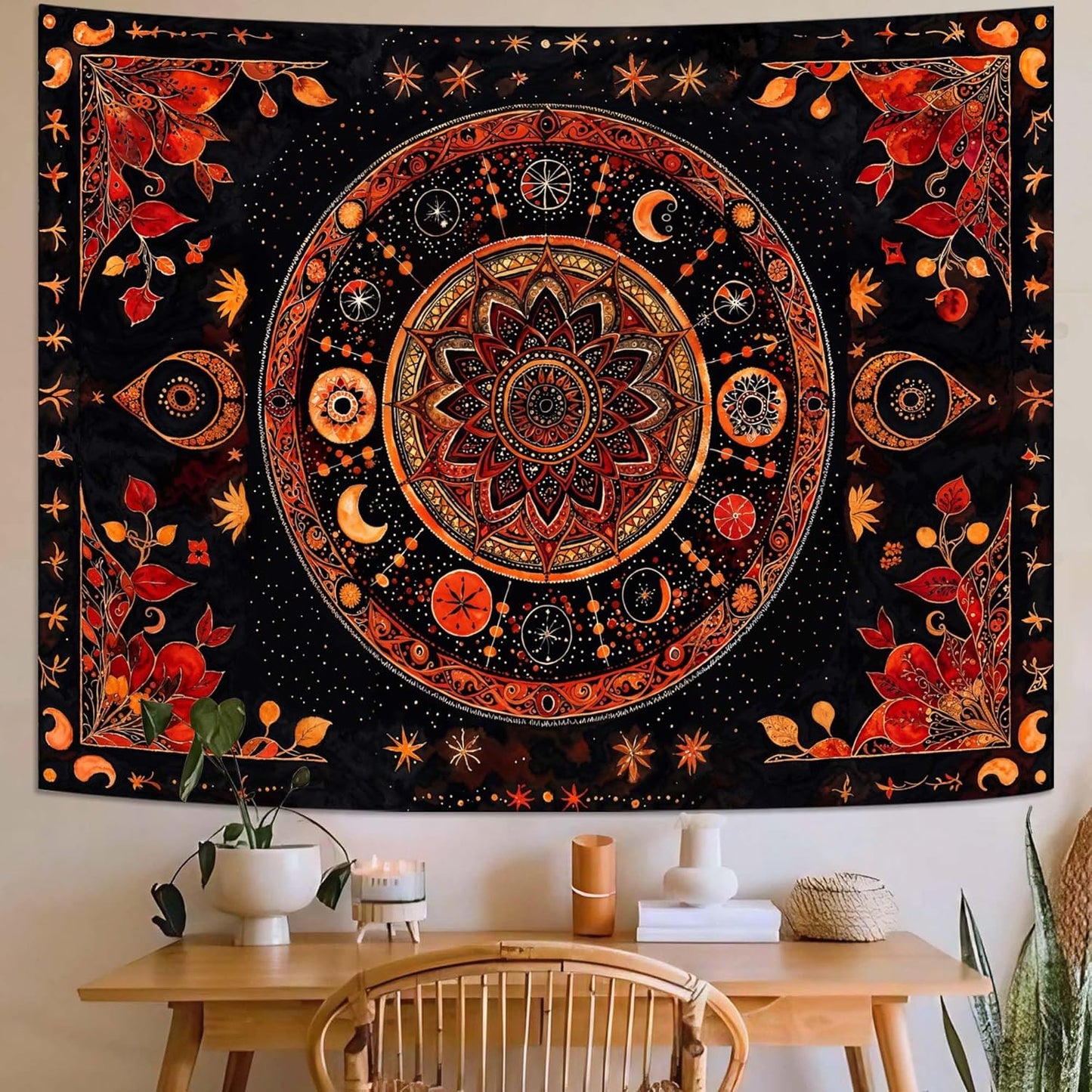 Lunerfex Mandala Moon and Stars Tapestry Boho Tapestry for Bedroom Black and Orange Tapestries Wall Hanging Living Room Wall Art and Home Decor 60x80