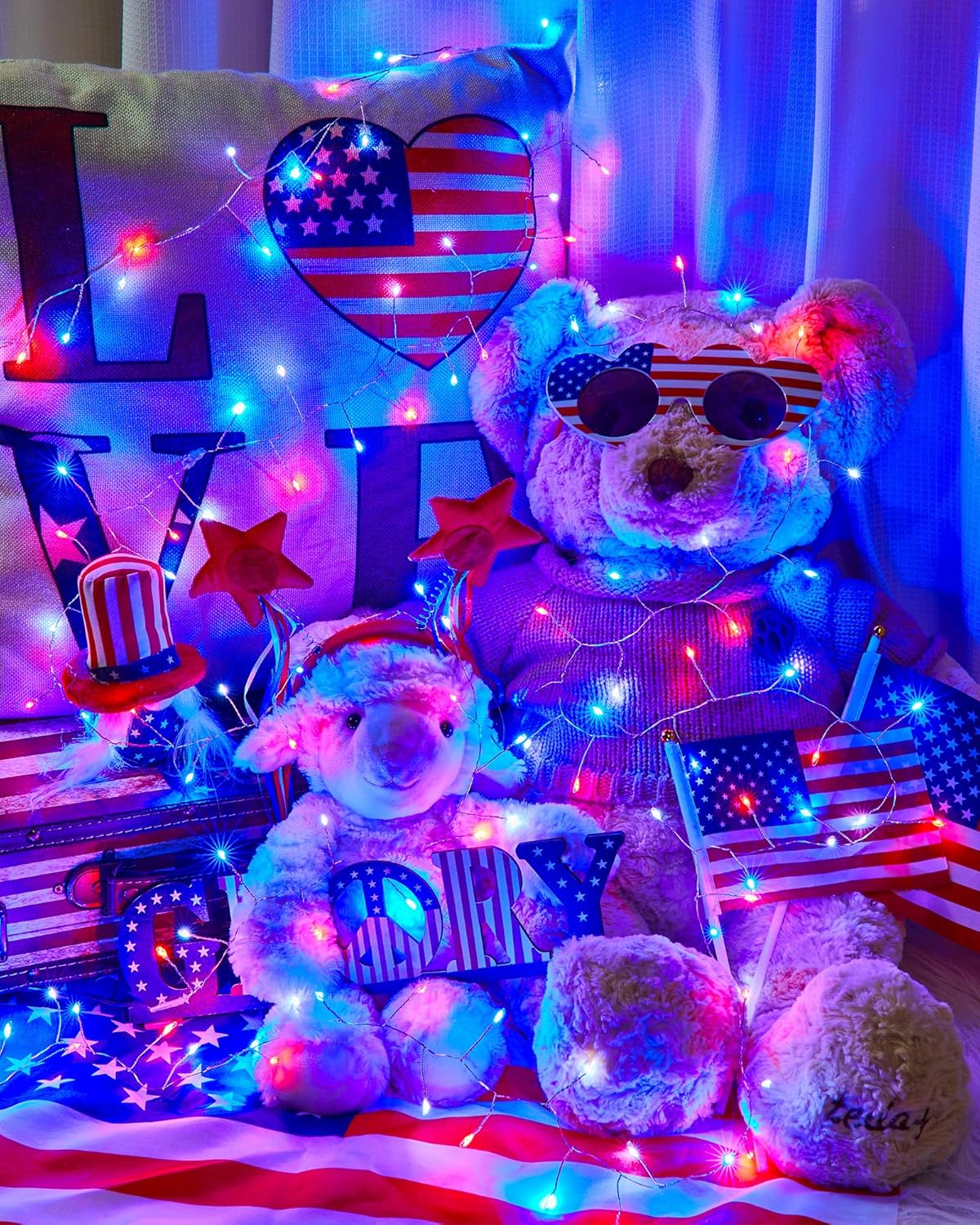 Minetom Red White Blue Fairy Lights Battery Operated, 4th July Decoration Patriotic String Lights Silver Wire 5 Feet 60 Led Firecracker Starry Lights for DIY Wreath Home Independence Day Decoration