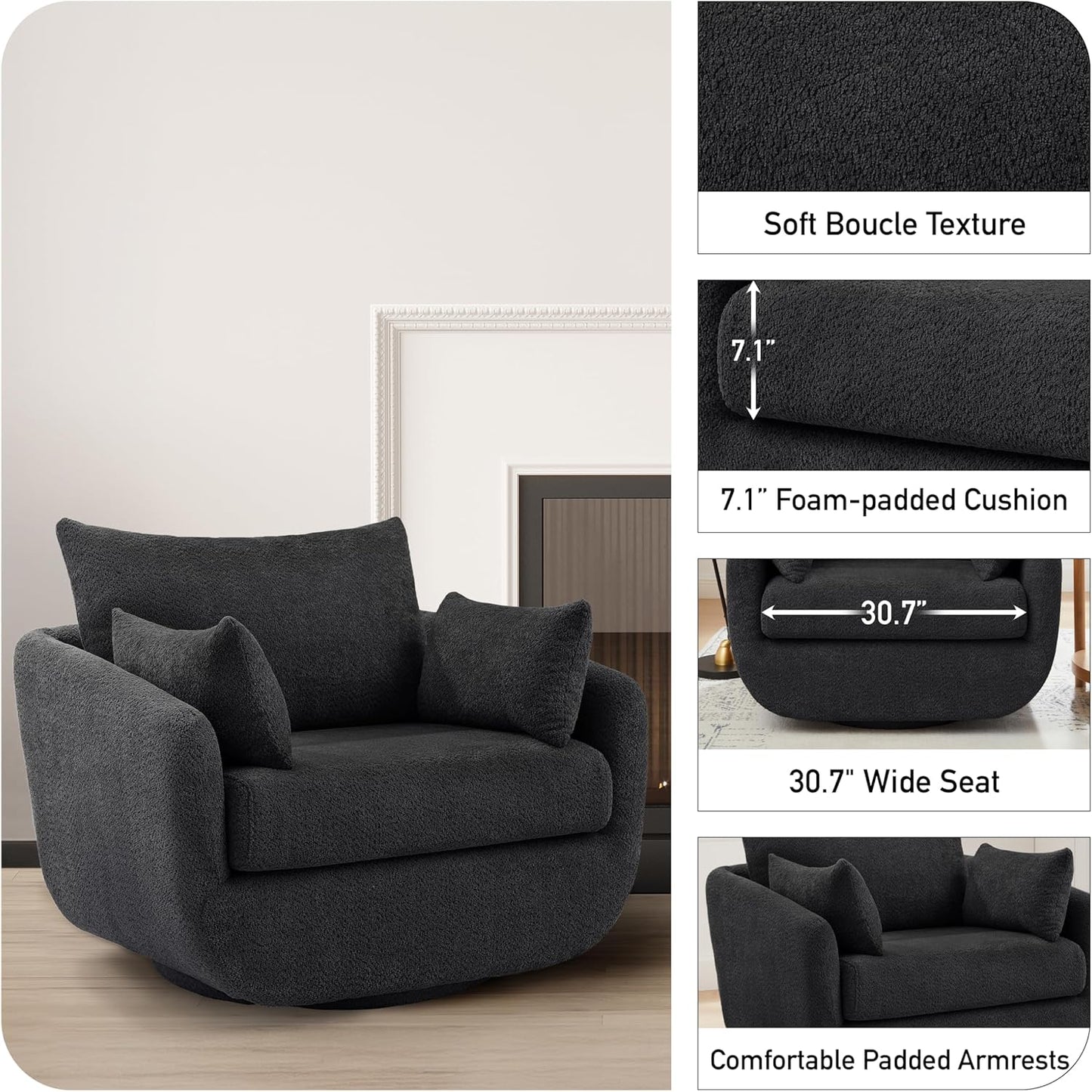 360° Swivel Accent Armchair, 39.3" Oversized, Sherpa Boucle Fabric Sofa Chair with Removable Back & Arm Pillows, Swivel Chair with Cozy Soft Padded, No Assembly Required (1, Dark Gray)