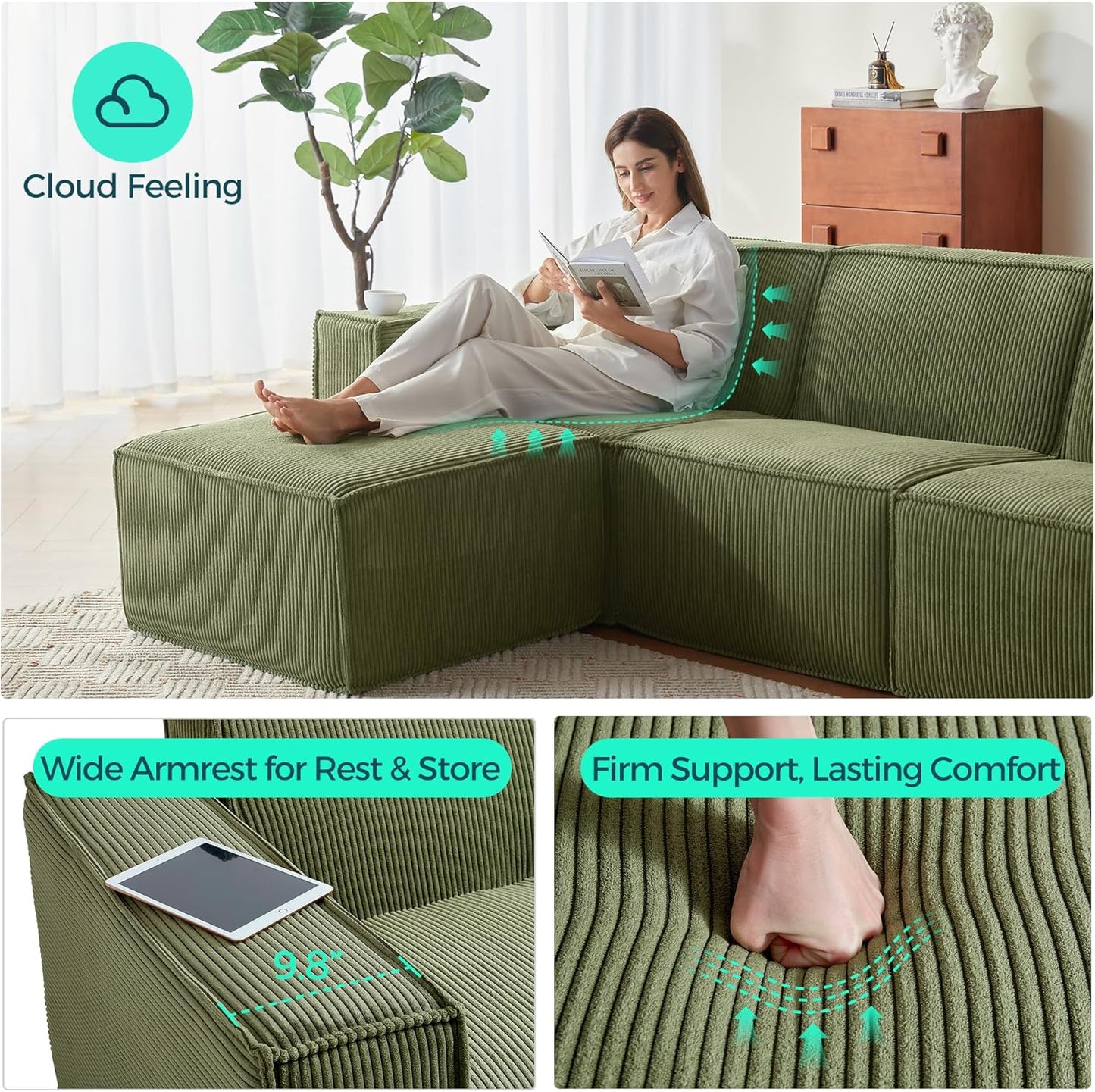LINSY HOME Modular Sectional Sofa, 134" Boneless Couch L Shaped 4-Seat Sofa with Movable Ottoman, Corduroy Sectional Cloud Couches for Living Room, No Assembly Required, Green