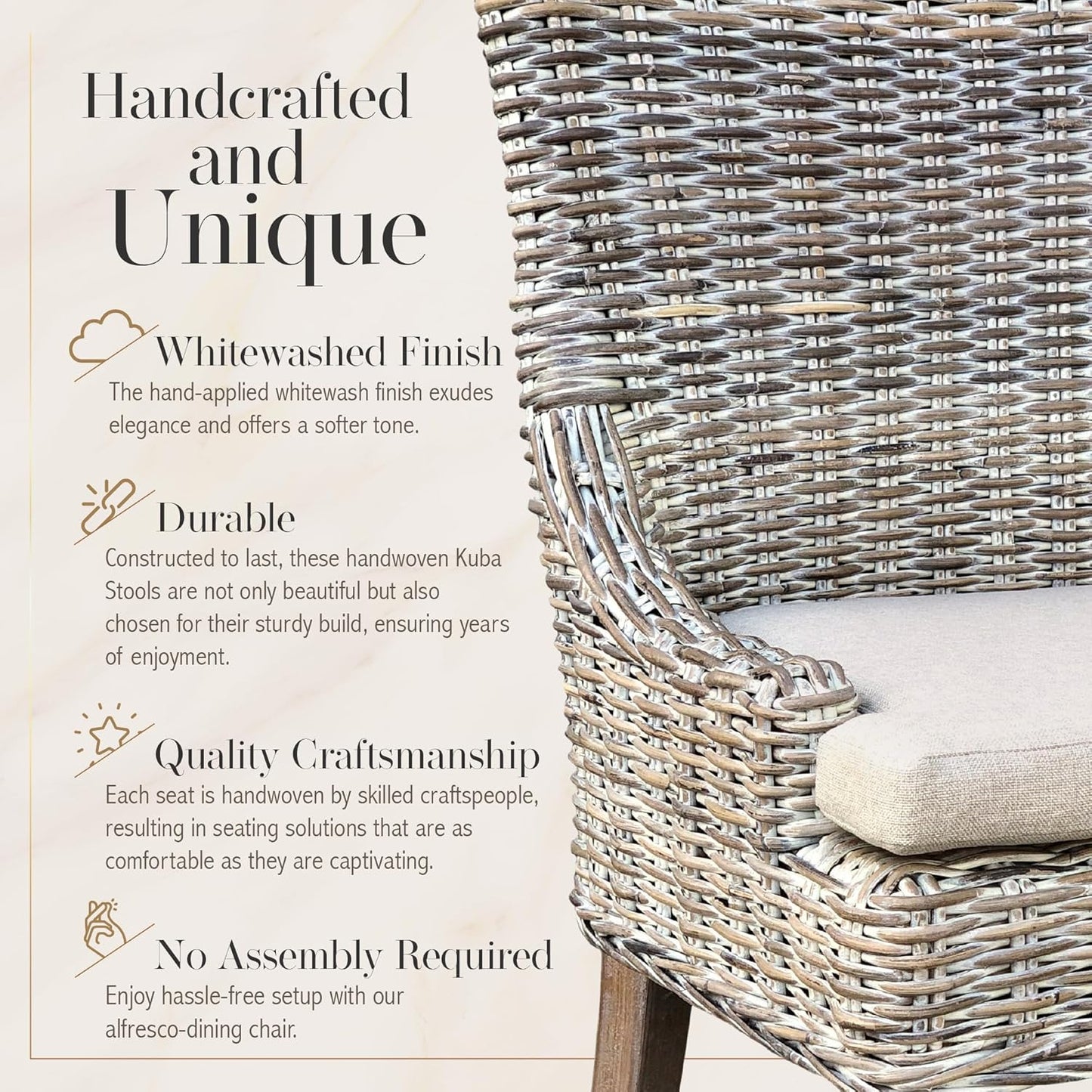 Alfresco Kuba-Weave Wicker Dining Chair, Patio Seating, Savannah Wash, 21.5 Inches x 24 Inches x 36 Inches