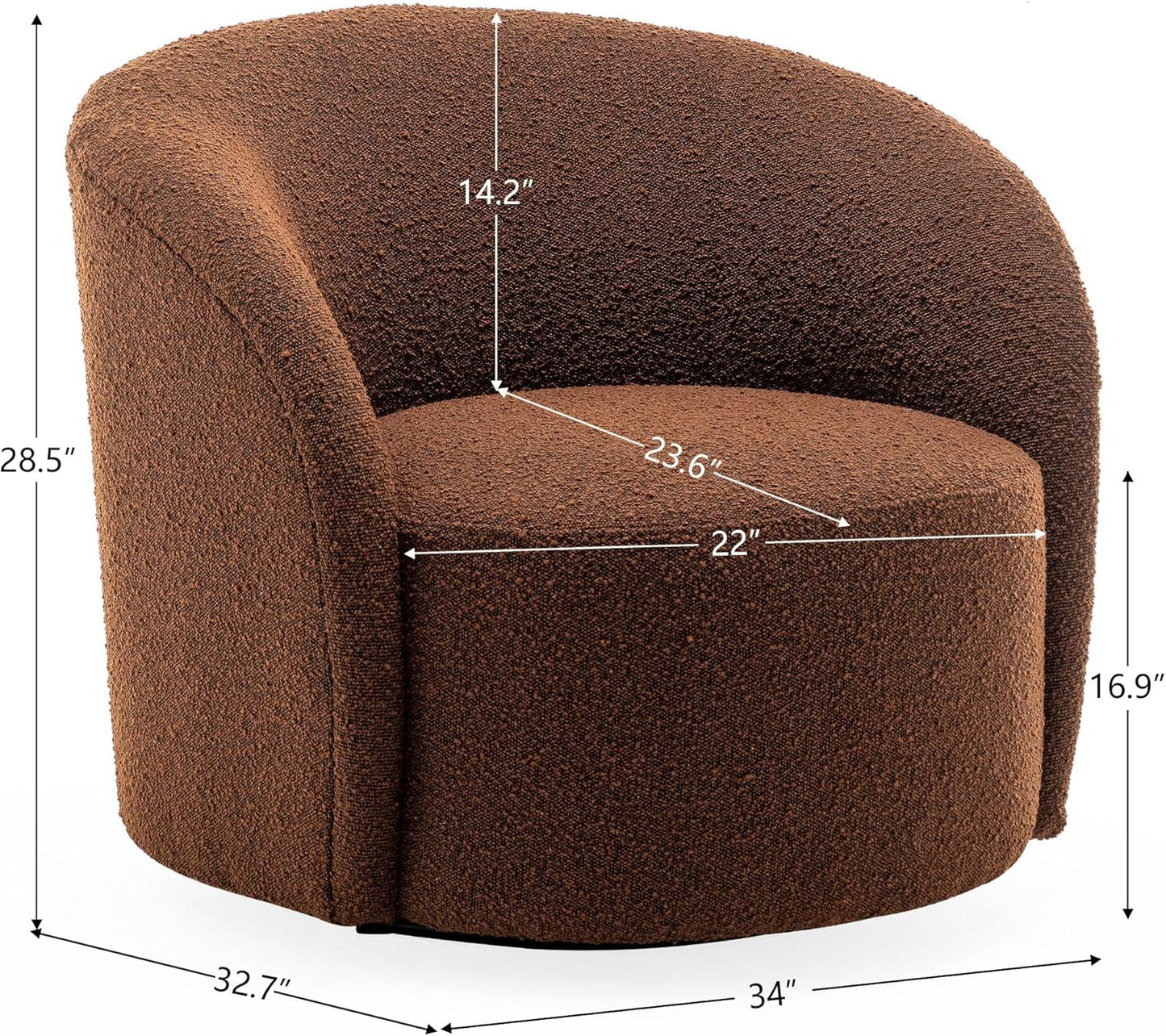 KINWELL 34" Boucle Swivel Barrel Chair with 18" Round Ottoman Set, Fully Assembled Set of Sherpa Accent Chair and Footrest, Modern Comfy Armchair and Footstool for Living Room and Bedroom, Brown
