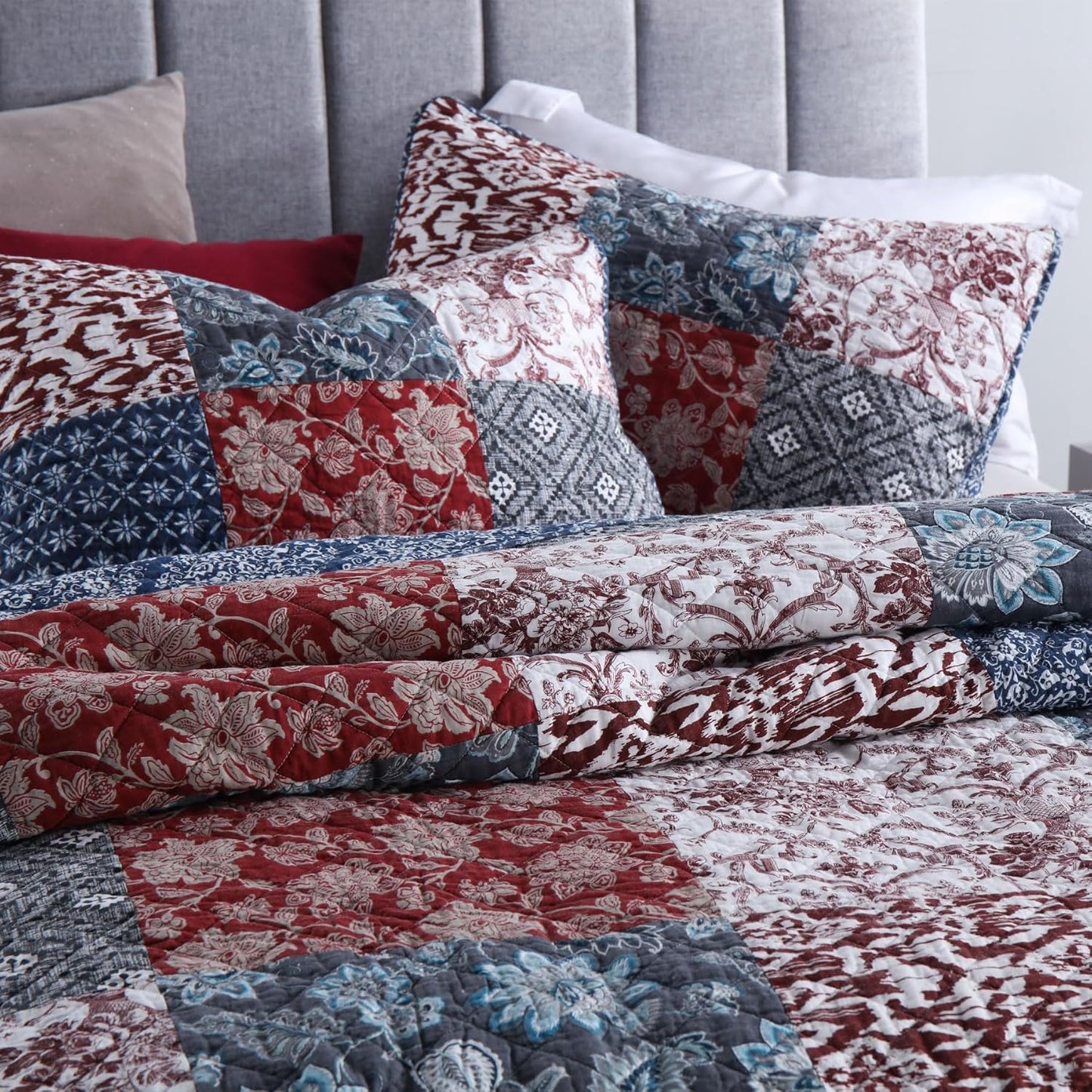 Secgo California King Quilt Size - 100% Cotton Oversized California Comforter Set Bedding Sets (120 * 110 Inch) with 2 Pillow Shams, Patchwork Reversible Lightweight Bedspread