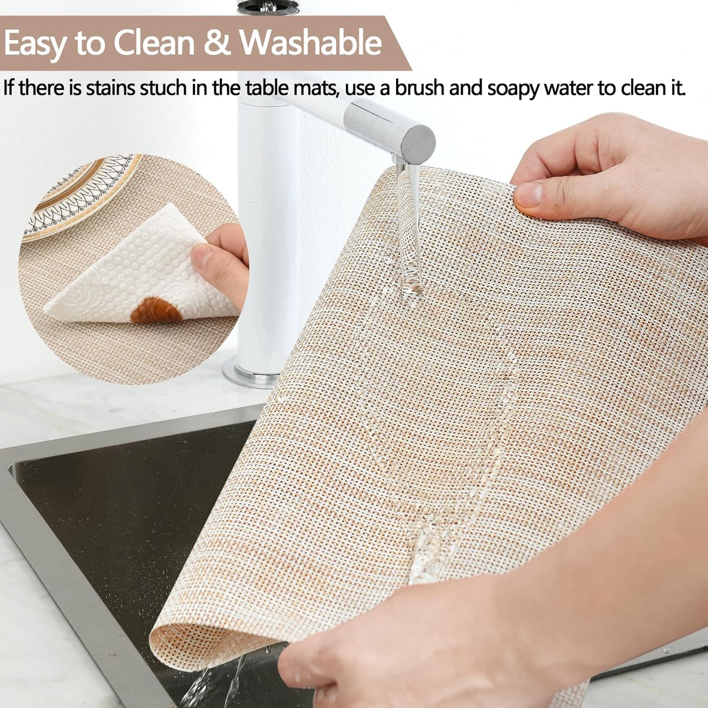 Placemats Set of 6 - Easy Clean Washable Vinyl Placemats - Wipeable Heat Resistant Table Mats for Dining Table - 17.7x11.8 Inch (6, Beige)