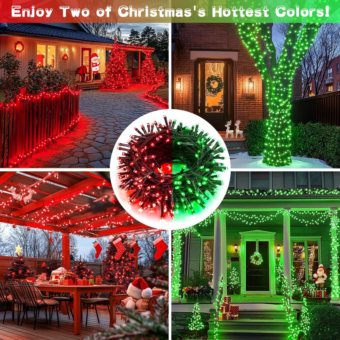 JMEXSUSS Red and Green Solar Christmas Lights Outdoor Waterproof, 2 Pack 100 Led 33ft Color Changing Solar String Lights for Christmas Tree Decor