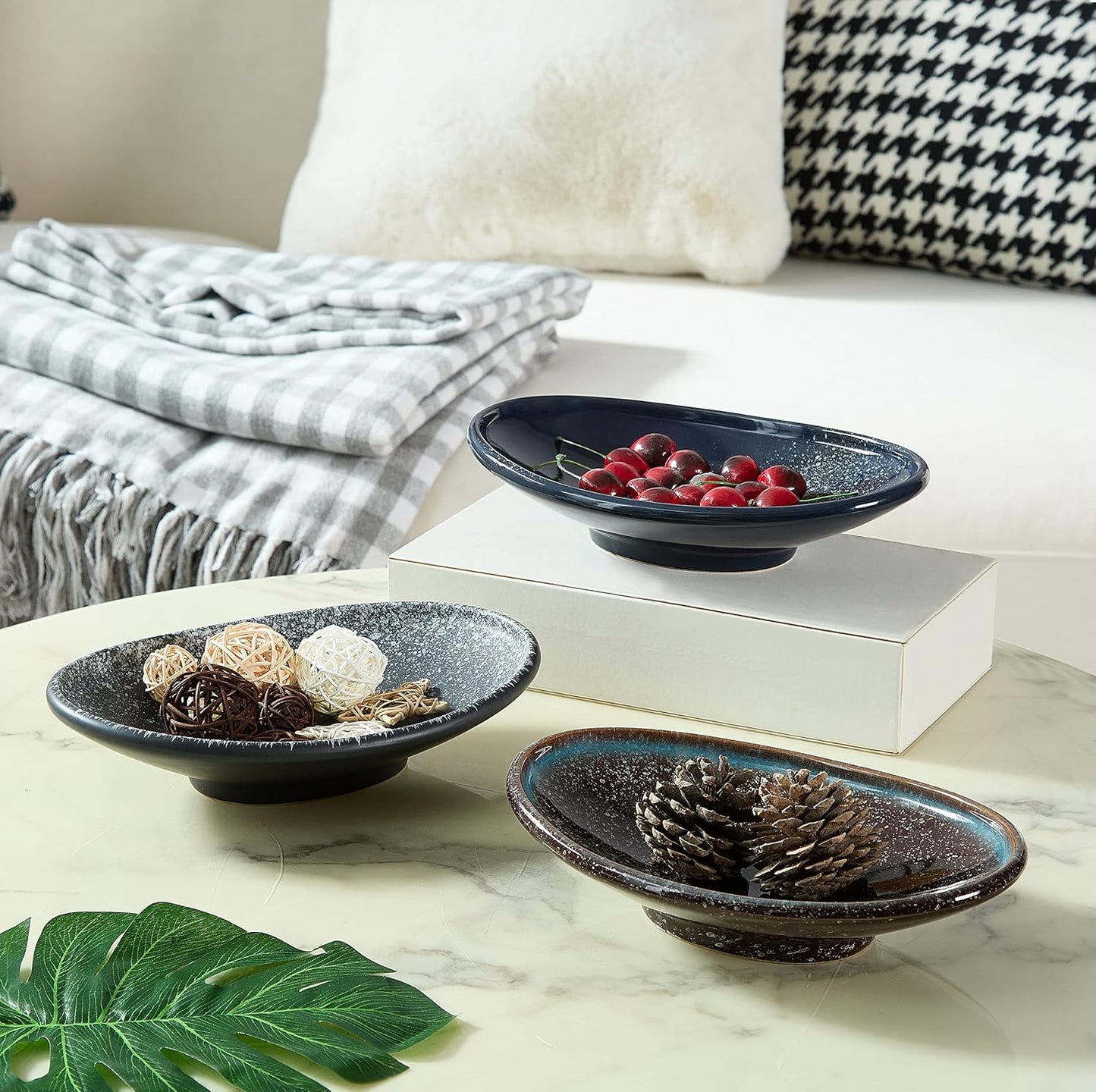 Oval Ceramic Decorative Bowl, Key Dish for Entryway Table, Small Home Decor Accent, Trinket Tray for Office Home Decor Gift (10'' Starrysky Blue with Glaze Layer)