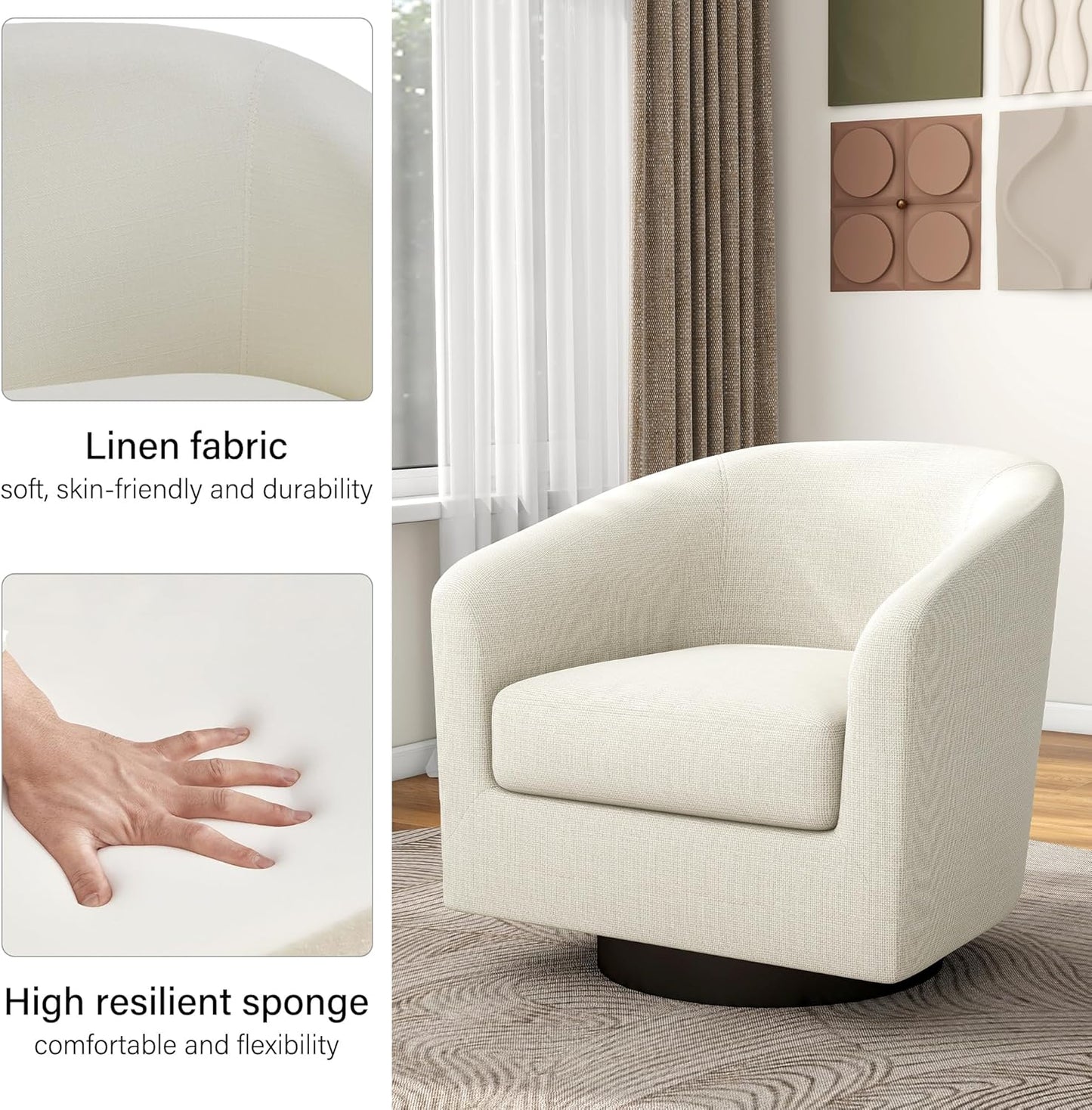 Swivel Barrel Accent Chair, Modern Round Linen Arm Chair for Living Room, Bedroom, Comfy Club Reading Chairs for Adults（Linen Fabric, Beige, Set of 4
