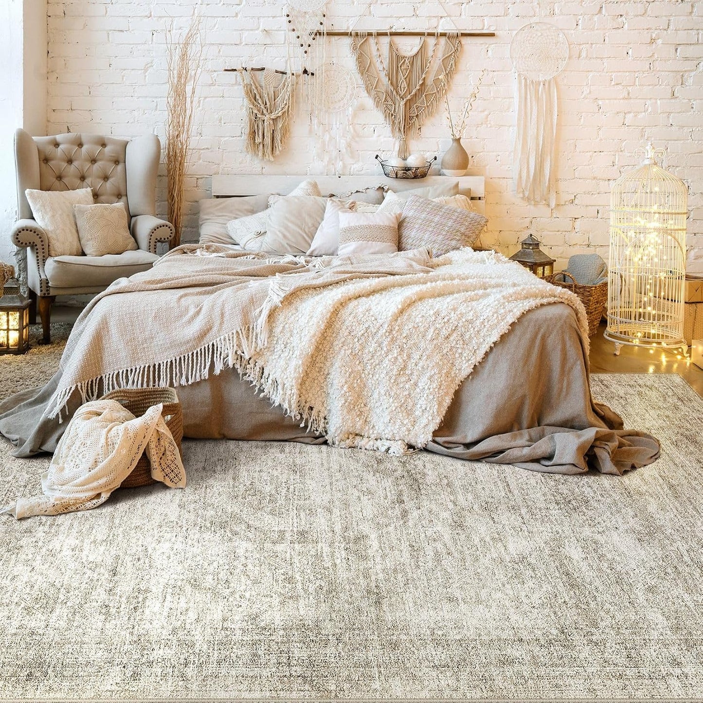 Washable Area Rugs for Living Room -9x12 Neutral Vintage Distressed Floral Farmhouse Boho Large Soft Floor Rug Indoor Non Slip Carpet for Living Room Bedroom Dining Room Office - Beige