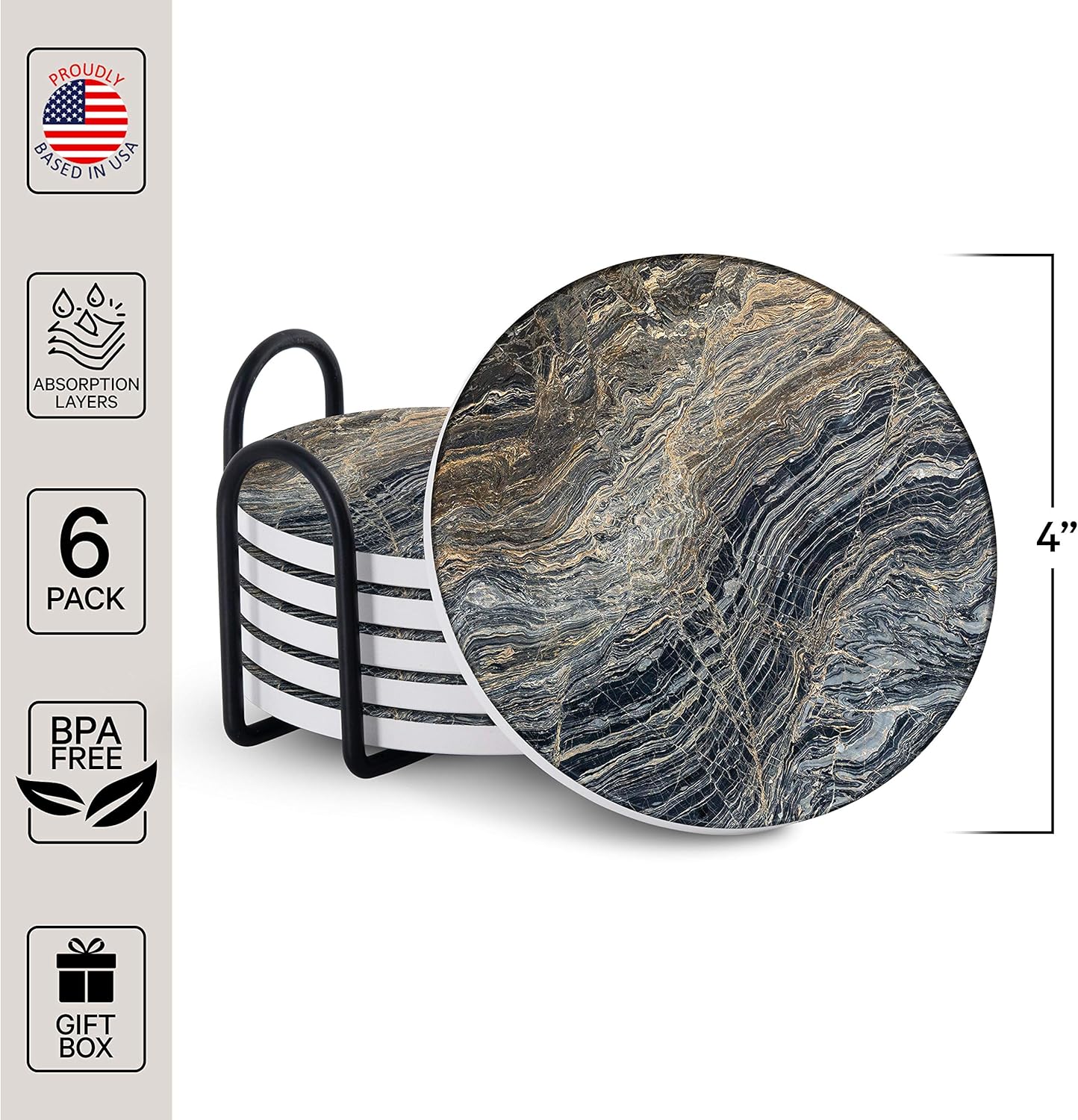 Emerson Coasters for Drinks Absorbent – Natural Stone Drink Coasters Set with Holder, Coasters for Coffee Table, Wooden Tabletop Protection Marble Style – 100% Heavy Duty Set of 6 (Lava)