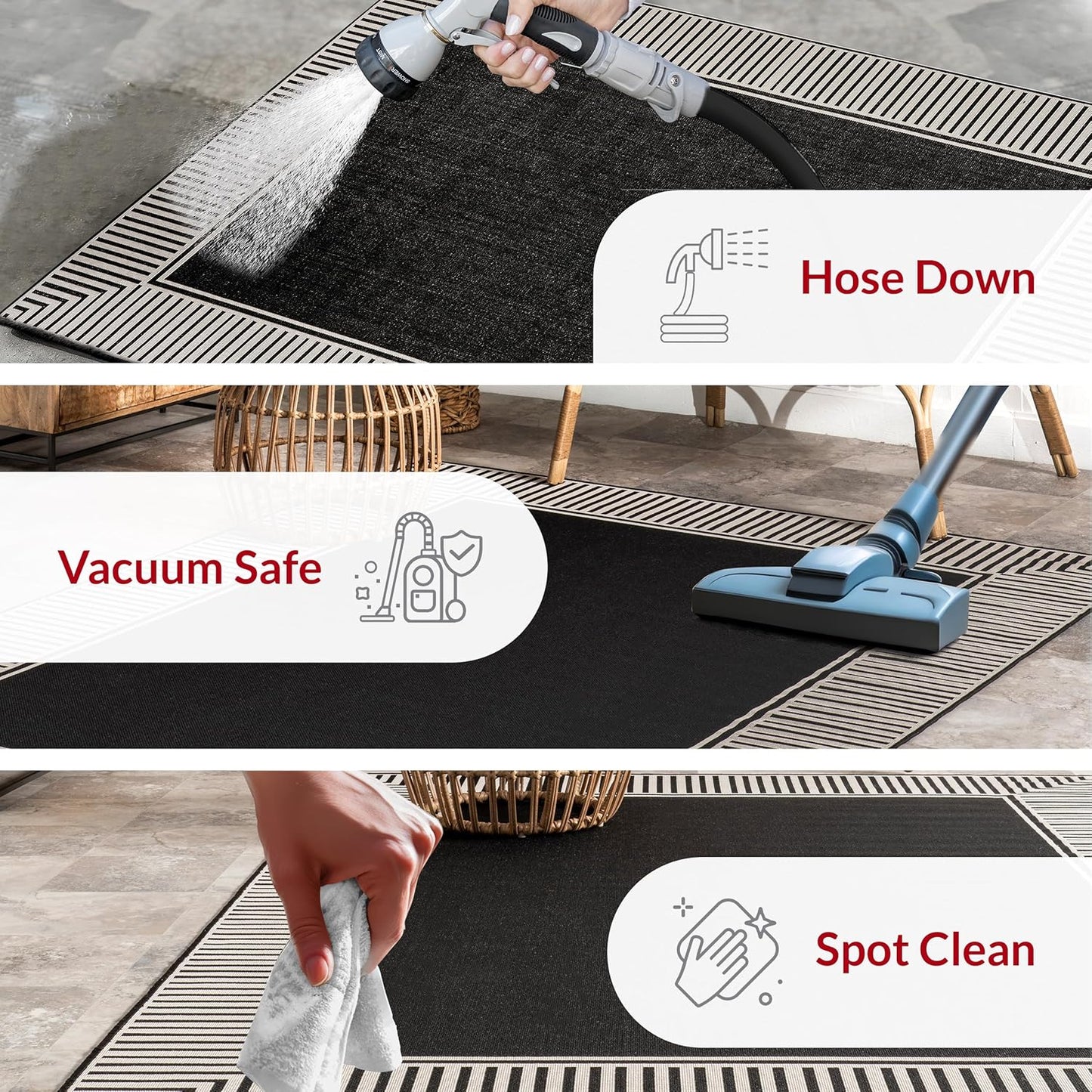 nuLOOM 4' x 6' Outdoor Area Rug, Casual Design With Striped Border, Stain Resistant, Highly Durable, For Patio, Balcony, Bedroom, Living Room, Dining Room, Bathroom, Black