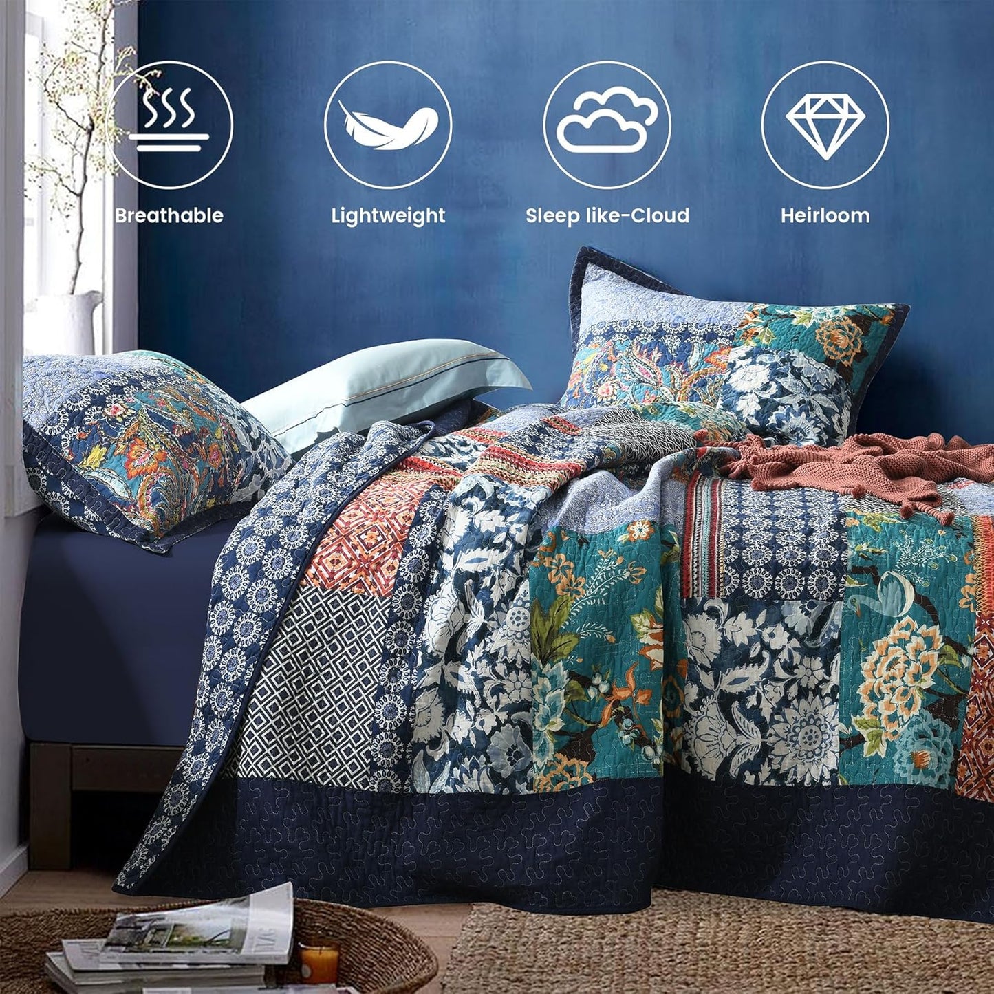 Secgo Queen Comforter Set for Bed - 100% Cotton Quilts Queen Size, Navy, Bohemia Bedspreads (90 * 98 Inch) with 2 Pillow Shams, Patchwork Reversible Lightweight Bedding