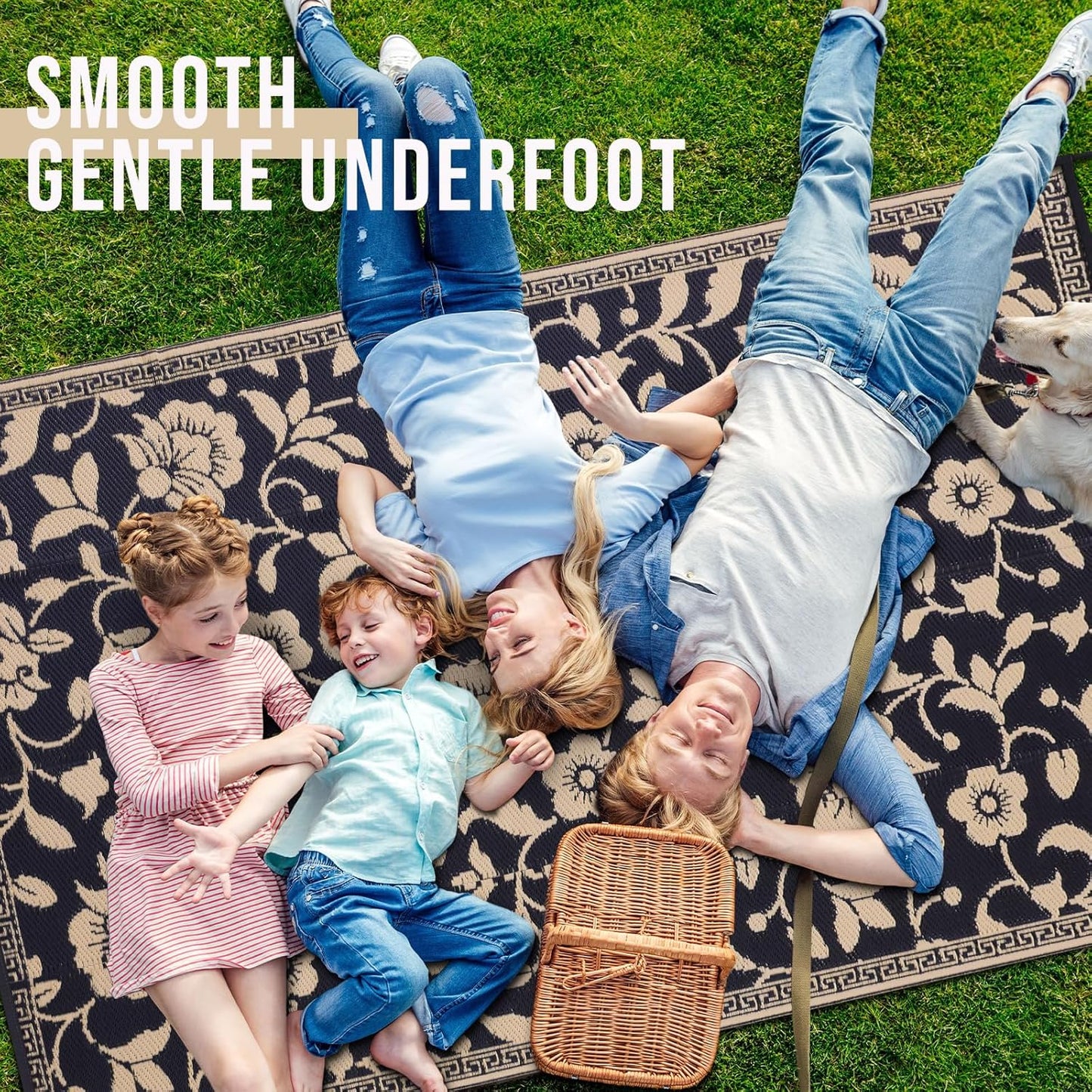 OLANLY Waterproof Outdoor Rug 6x9 ft, Outdoor Plastic Straw Rug with Flower Pattern, Reversible RV Mat for Patio, Camping, Balcony, Deck, Backyard, Black & Beige