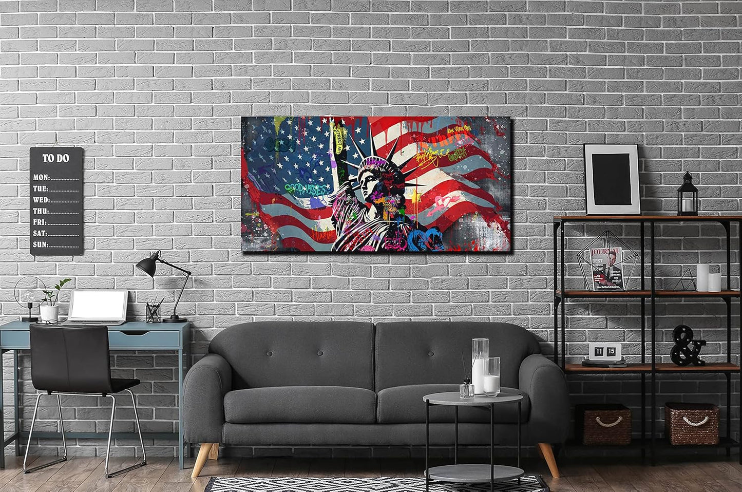 JKWALL77 American Flag Wall-Decor - Banksy Graffiti Canvas Wall Art - Office Pictures For Wall Ready To Hang Size 40" x 20"