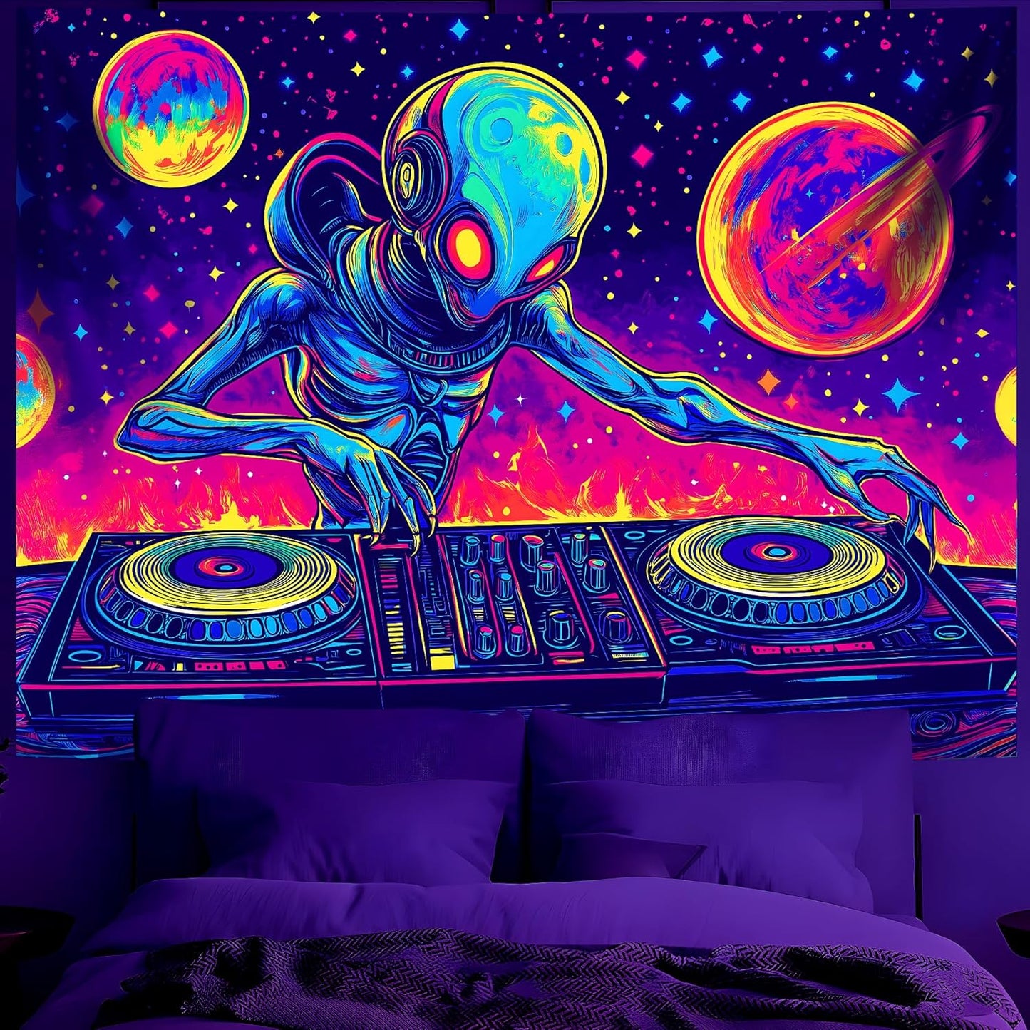 BVBOX Blacklight Space Alien Tapestry 79"x59", UV Reactive DJ Alien Universe Galaxy Planet Glow in Dark Music Tapestries, Black Light Neon Upright Poster Wall Hanging Backdrop Decor for Bedroom Living Room