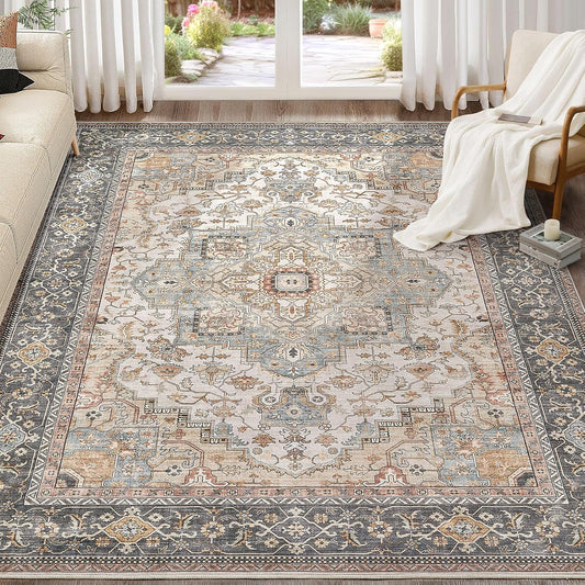 Washable Area Rugs for Living Room -10x13 Neutral Vintage Distressed Floral Farmhouse Boho Large Soft Floor Rug Indoor Non Slip Carpet for Living Room Bedroom Dining Room Office - Forest Green Orange