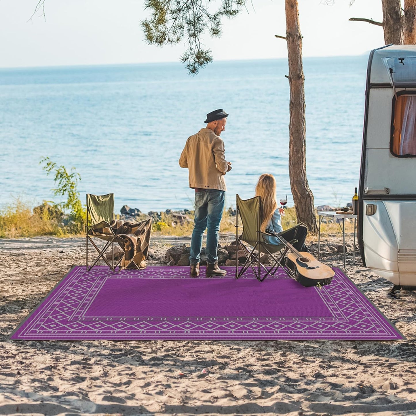 GENIMO Outdoor Rug Waterproof 6'x9' for Patio, Foldable Reversible Plastic Straw Carpet for Travel Trailers, Outside Area Mat for Rv, Deck, Picnic, Porch, Camper, Balcony, Beach, Purple & Grey