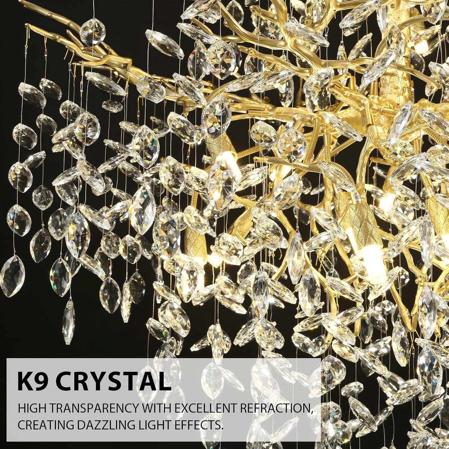 H65'' Gold Tree Branch Crystal High Ceilings Chandeliers, 27-Lights Modern K9 Crystal Staircase Chandeliers, D48'' Foyer Chandelier for High Ceiling, Luxury Large Living Room Chandelier