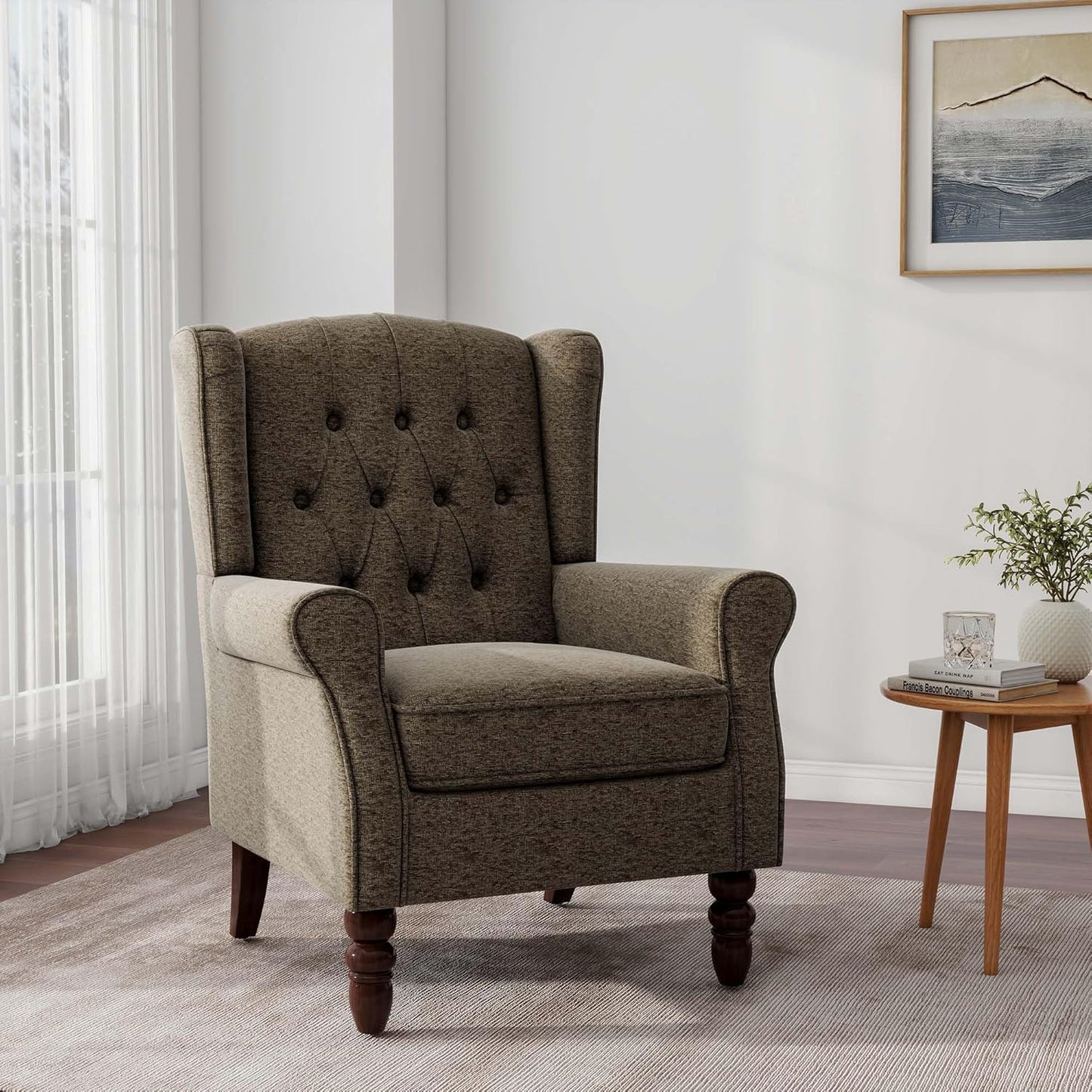 Accent Chair, Upholstered Armchair with Button Tufted High Back & Solid Wood Legs, Comfy Wingback Reading Single Sofa Chair for Small Spaces, Living Room, Bedroom (Taupe, Set of 1)