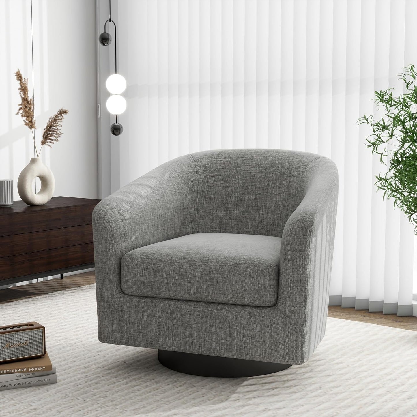 Swivel Barrel Accent Chair, Modern Round Linen Arm Chair for Living Room, Bedroom, Comfy Club Reading Chairs for Adults（Linen Fabric, Light Grey, Set of 1
