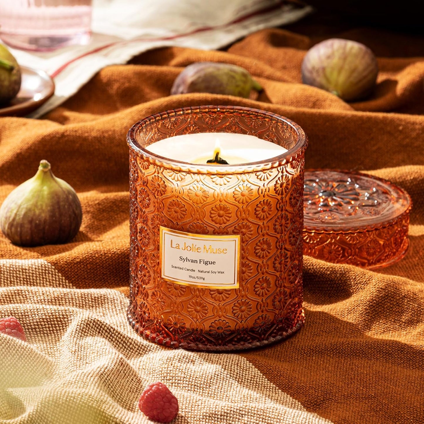 LA JOLIE MUSE Fall Candles - Sylvan Figue, Fig Leaf, Red Berries, Sandalwood | 19 oz Large Wooden Wick Candle | Natural Soy Wax | 90 Hours Clean Burn | Luxury Fig Candle | Gift-Ready for Hosts