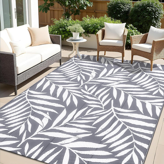 OLANLY Waterproof Outdoor Rug 5x8 ft, Reversible Outdoor Plastic Straw Rug with Leaf Pattern, RV Mat, Indoor Outdoor Carpet for Patio, Camping, Balcony, Deck, Backyard, Grey & White