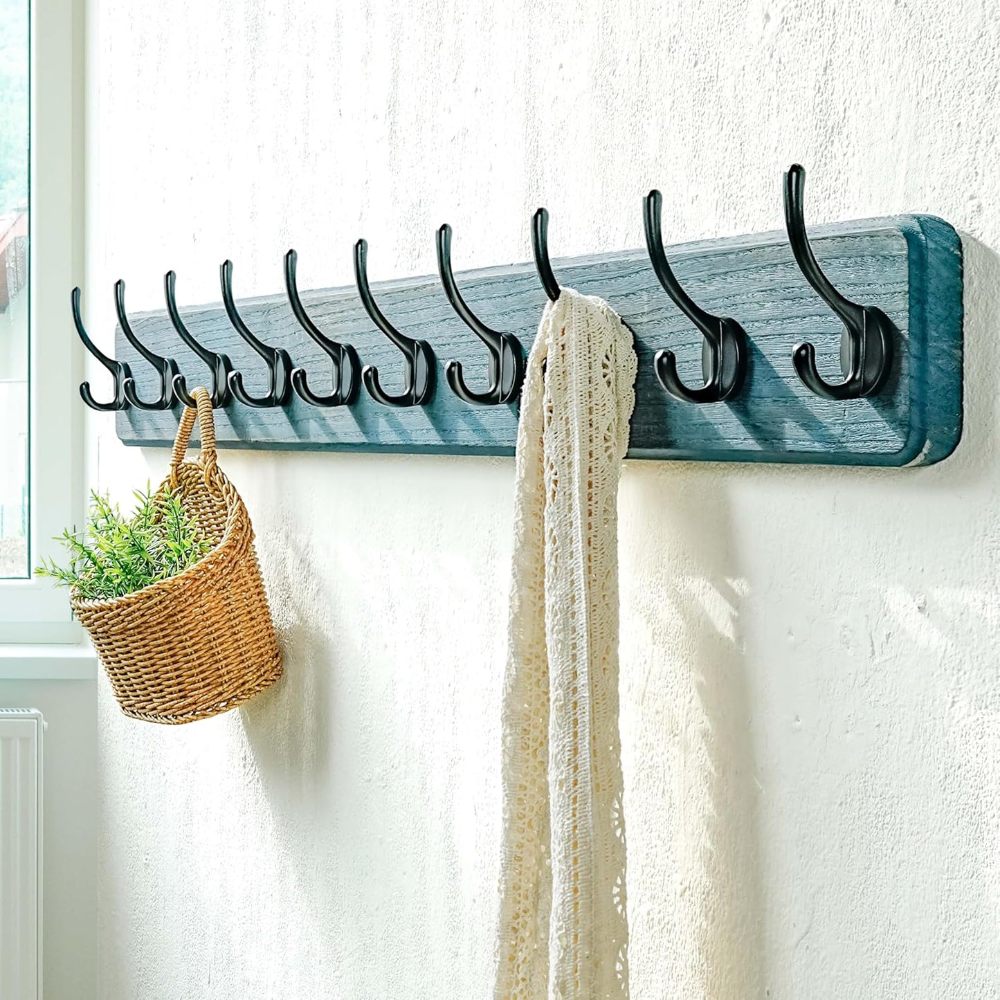 Dseap Coat Rack Wall: 38-1/4" Long, Patented, Heavy-Duty, 10-Double-Hooks Wooden Wall Mounted Coat Rack Coat Hanger Hook Rail for Winter Coats Hat Jacket Clothing, Weathered Blue