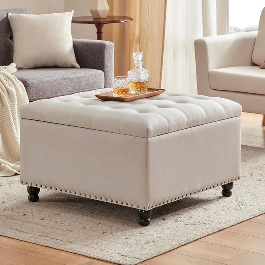 Tbfit Large Square Storage Ottoman Bench, Botton Tufted Upholstered Coffee Table with Wooden Legs, Oversized Storage Ottomans Toy Box Footrest for Living Room, Apartment, Beige