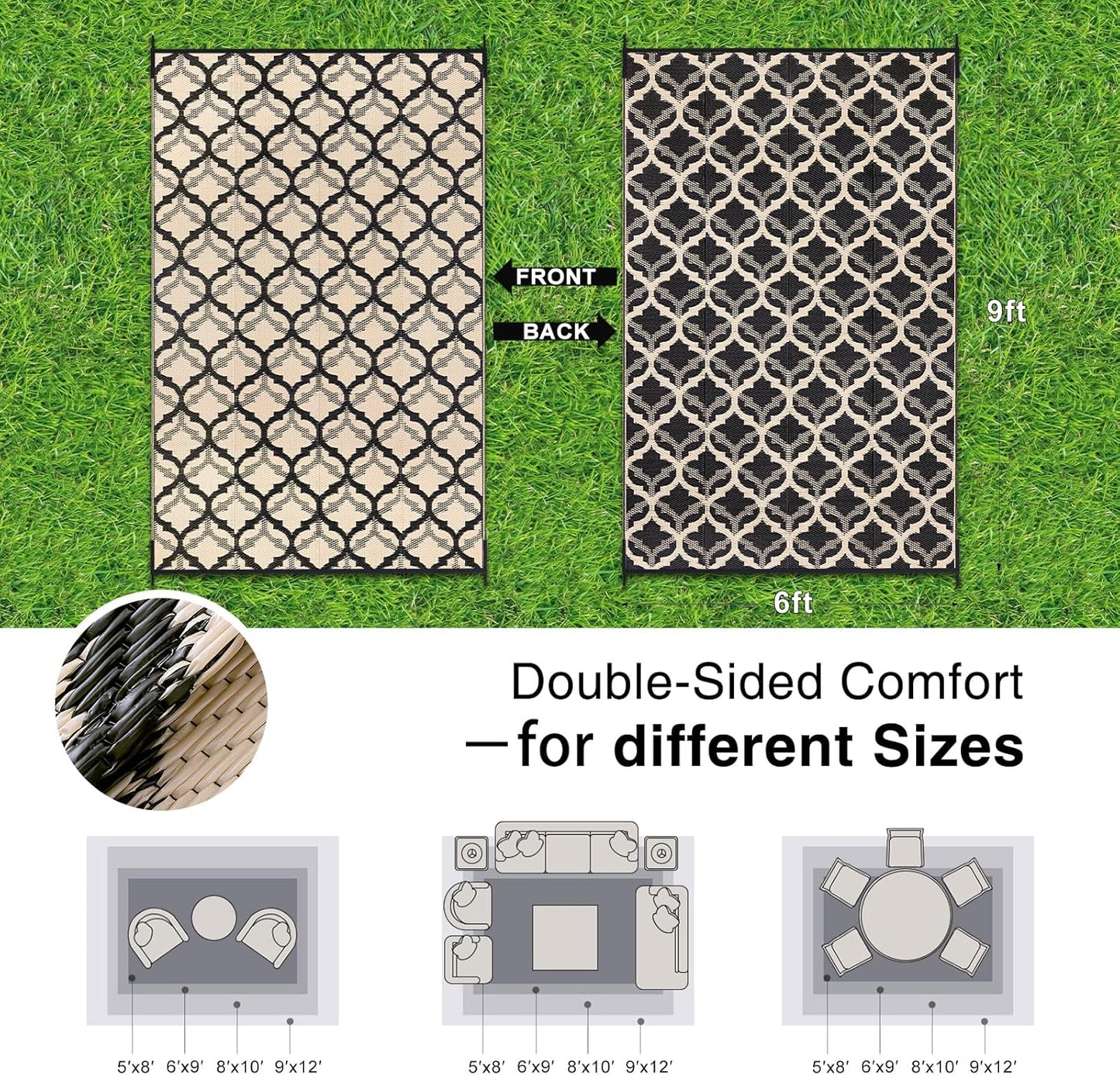 OLANLY Reversible Outdoor Rug 6x9 ft Clearance, Waterproof Outdoor Plastic Straw Rug with Interlacing Pattern, RV Mat for Patio, Camping, Balcony, Deck, Backyard, Black & Beige