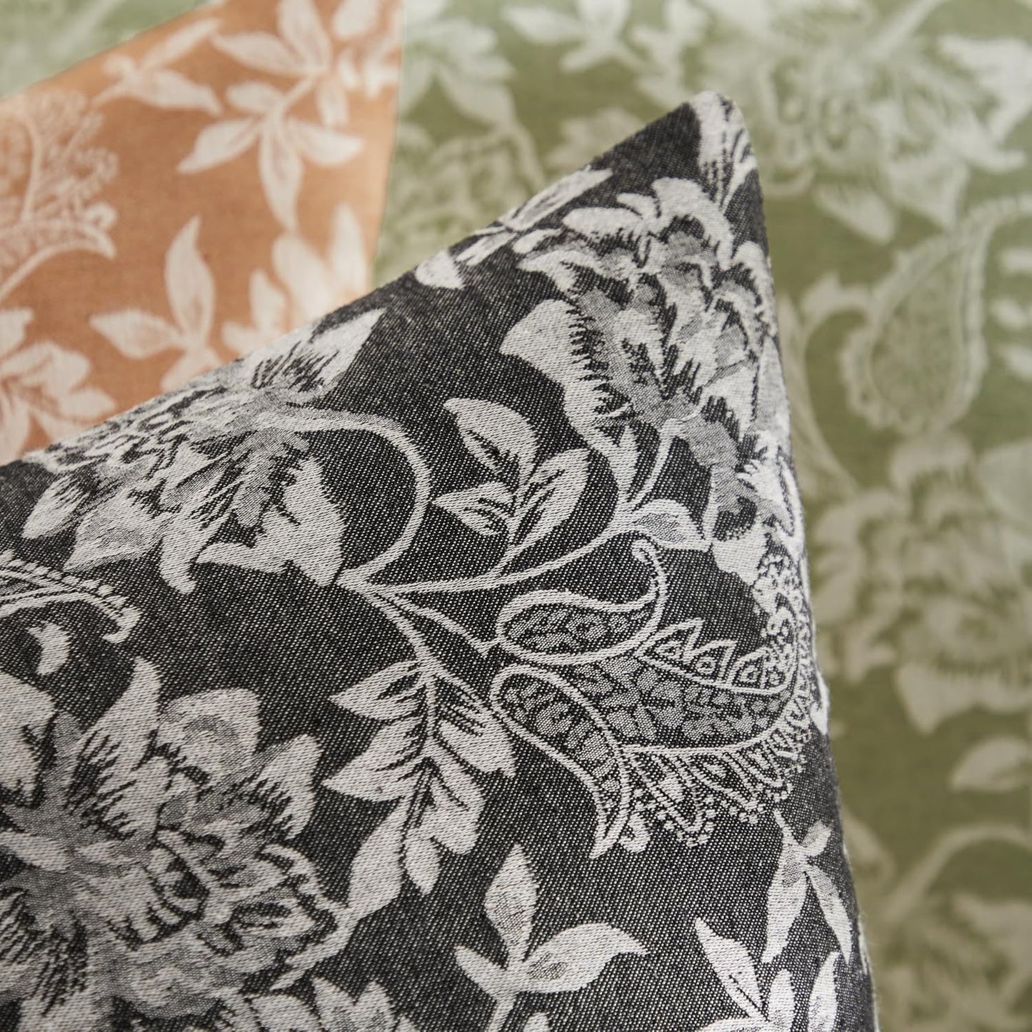 Floral Jacquard Throw Pillow Covers Set of 2, Background/Charcoal 18x18 Inch, Farmhouse Decorative Cotton Dark Grey Cushion Covers for Sofa Bed Living Room Home Decor