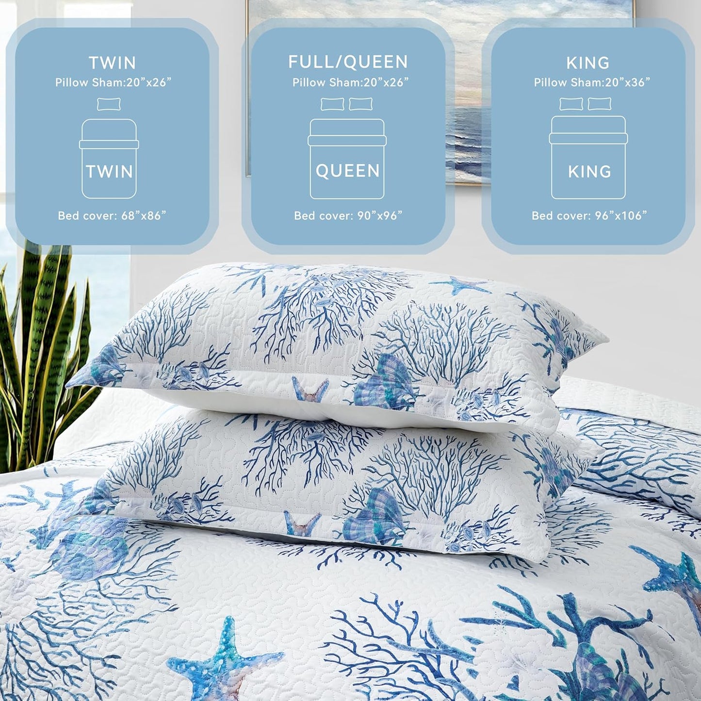 Coastal Bedding King Size Coastal Quilt with Sham, Nautical Beach Comforter Sets Ocean Bedspreads Blue Starfish Coverlet Summer Bedding, 68''x86''