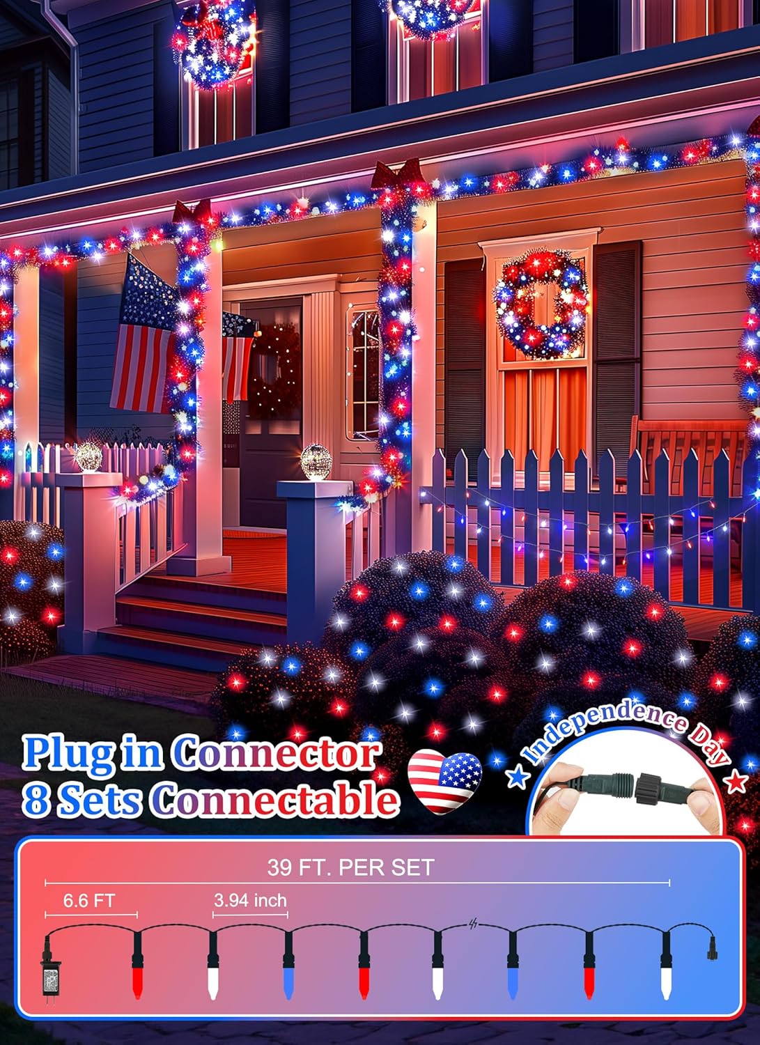 Red White Blue LED Lights - 100 Count 4th July Decoration Connectable Patriotic Mini String Lights Waterproof for Indoor Outdoor Xmas Holiday Party Patio Independence Day Decoration
