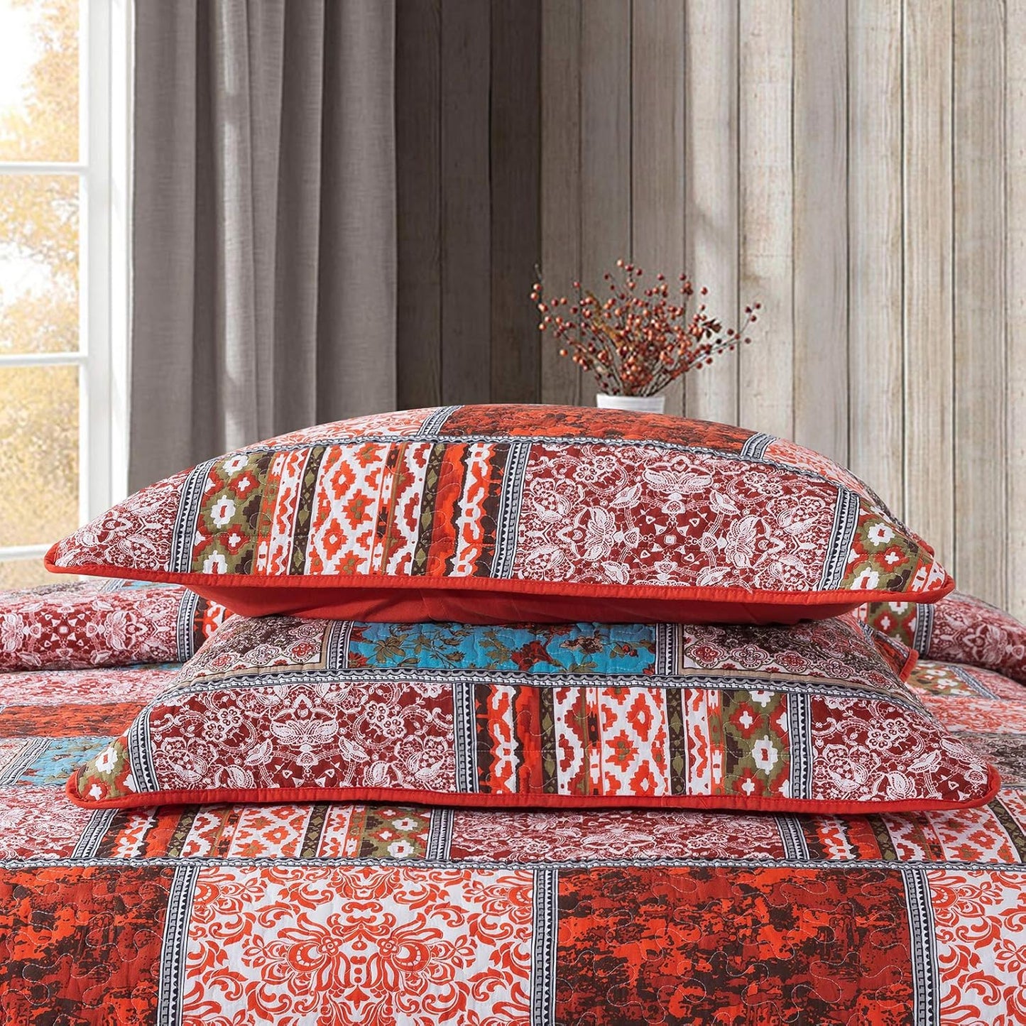 NEWLAKE Cotton Bedspread Quilt Sets-Reversible Patchwork Coverlet Set, Mediterranean Classic Bohemian Pattern,Queen Size