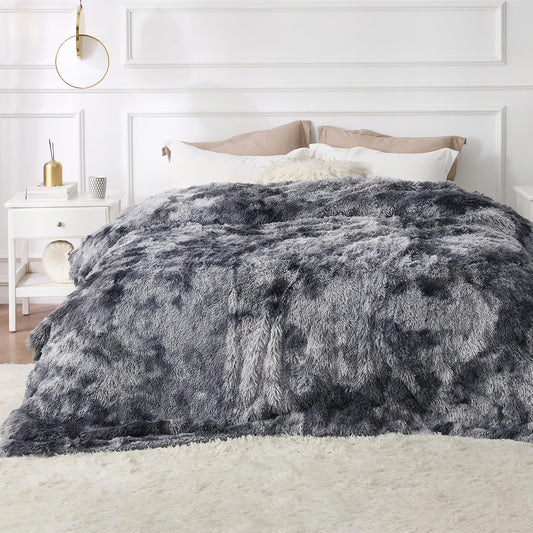 Bedsure GentleSoft Fluffy Sherpa Fleece Faux Fur Blankets Queen Size for Bed, Bedroom Decor Winter Thick Warm Full Queen Blankets, Fuzzy Plush Soft Heavy Mink Tie Dye Grey Bedding Cozy Gifts, 90x90