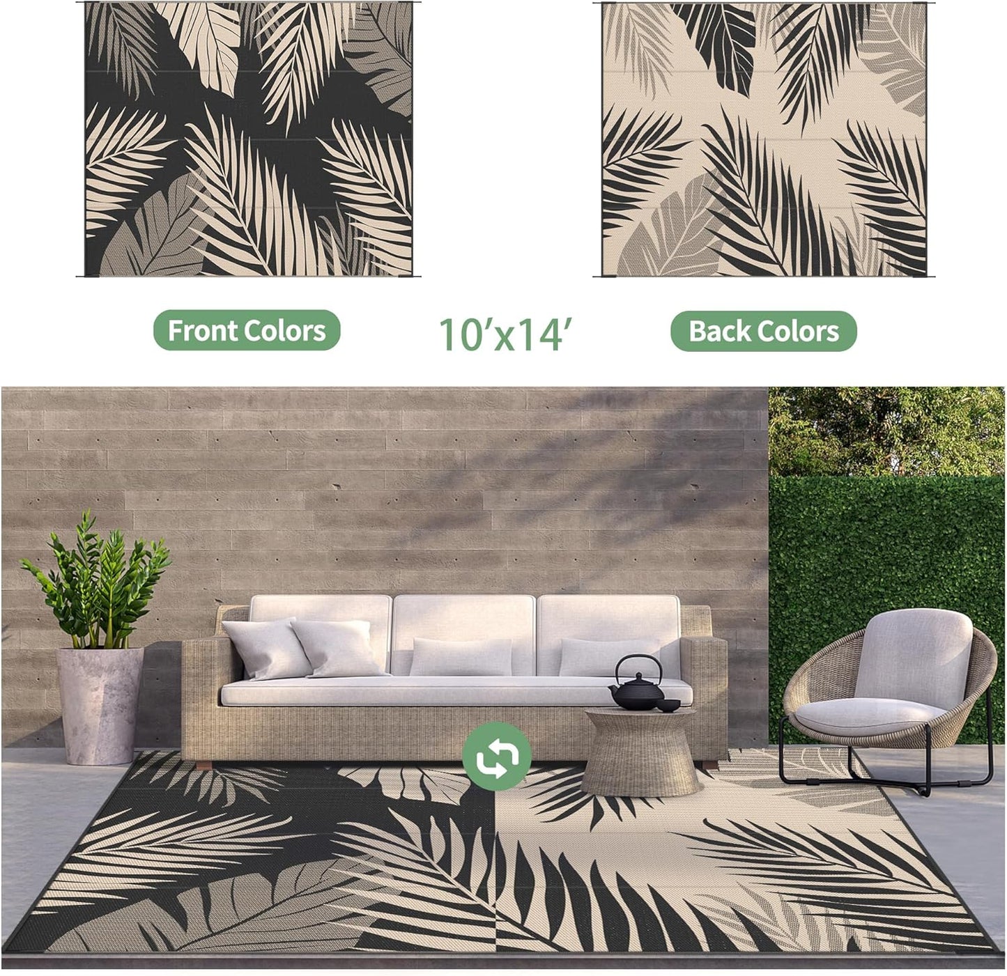 GENIMO Outdoor Rug 10' x 14' Waterproof for Patios Clearance, Reversible Outdoor Plastic Straw Camping Rug Carpet, Large Area Rugs Mats for RV, Camper, Deck, Balcony, Porch, Beach, Picnic, Black&Beige