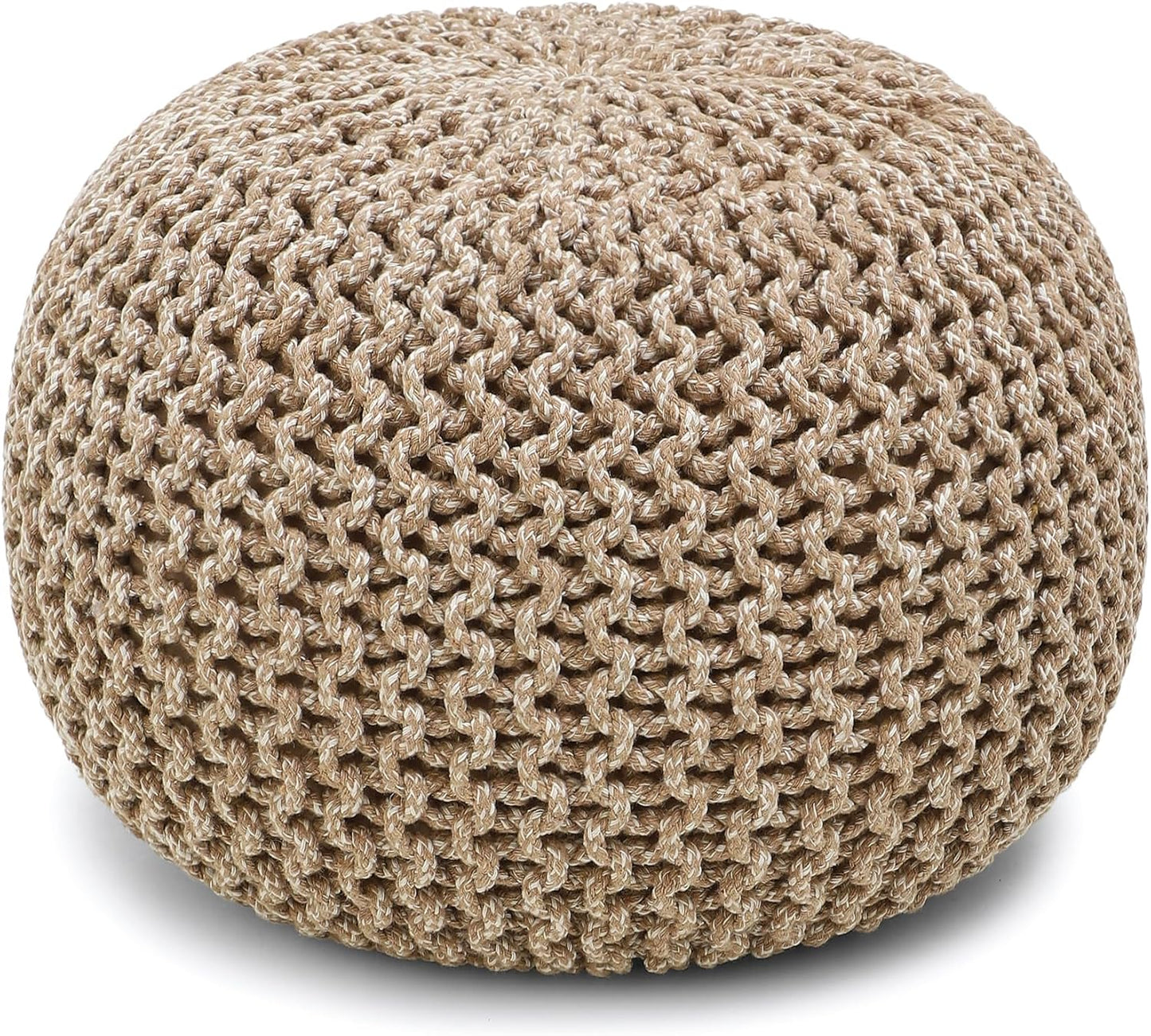 REDEARTH Round Pouf Ottoman - Hand Knitted Cable Boho Poof Home Décor Pouffe Circular Footrest for Living Room - Nursery - Bedroom - Lounge 100% Cotton (19.5"x19.5"x14") - Beige Ivory