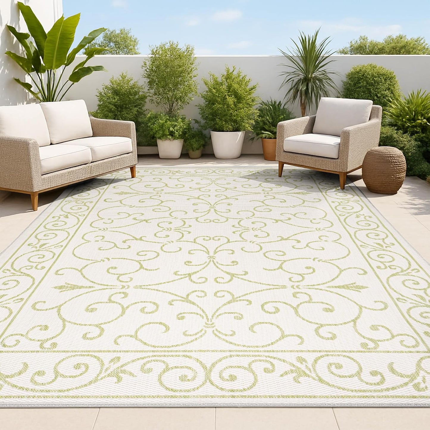 JONATHAN Y Vintage Filigree Indoor Outdoor Area Rug 9X12 Cream/Green, Charleston Textured Weave for Backyard, Patio, Porch, Easy-Cleaning, High Traffic, Pet-Friendly, Non-Shedding (SMB106I-9)