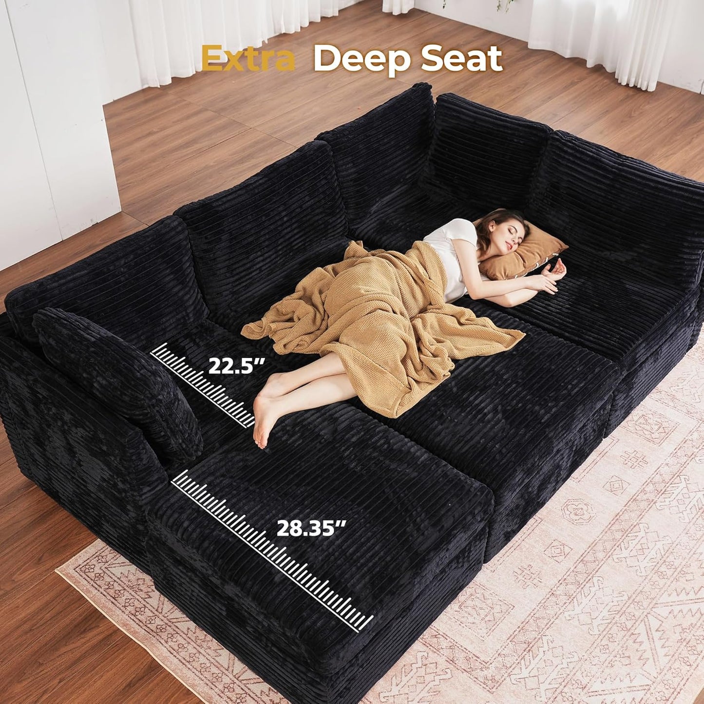 HOOOWOOO Modular Sectional Sofa,6 Pieces Sectional Couches for Living Room,98X98 L Shaped Cloud Couch with Ottoman Chaise Set(Black Velvet Corduroy)