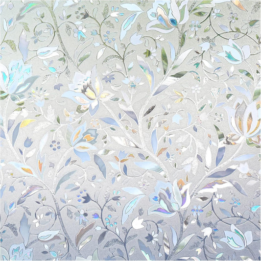 DOWELL Window Privacy Film, 3D Stained Glass Rainbow Films, Decorative Window Vinyl Sun Blocker Door Covering, Static Cling Non-Adhesive Glass Sticker for Home, Blooming Flowers, 17.5"x118.1"