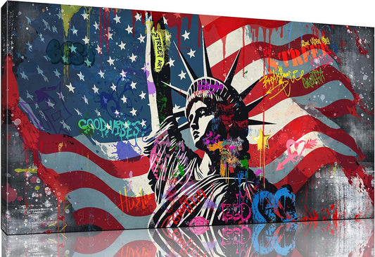 JKWALL77 American Flag Wall-Decor - Banksy Graffiti Canvas Wall Art - Office Pictures For Wall Ready To Hang Size 40" x 20"