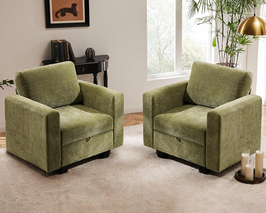 38.5 Oversized Accent Chair with Storage Green Corduroy Set of 2, Single Modern Accent Sofa Chair with Arms for Apartment Living Room (21" Deep Seat)