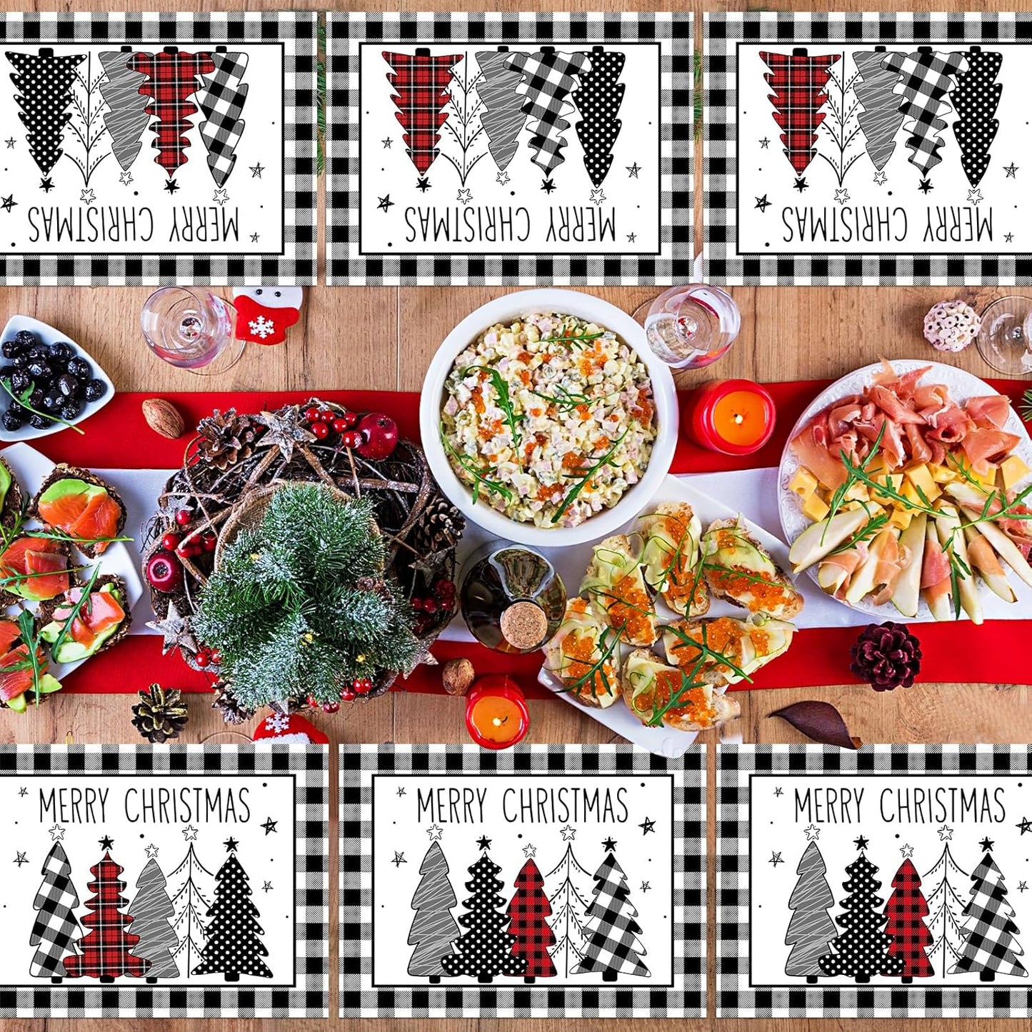 Christmas Placemats Set of 6 Christmas Tree Plastic Table Mats Xmas Trees Black and White Buffalo Plaid Place Mats Winter Holiday Table Decoration for Indoor Outdoor Party Kitchen Dining