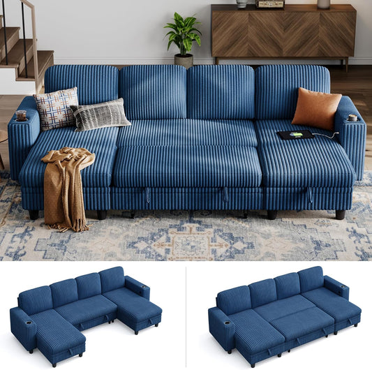LINSY HOME Sectional Sleeper Sofa with Pull Out Couch Bed - Convertible Plush Corduroy Cloud Couch with Storage Chaise & USB Charging, Comfy U Shaped Modular Couches for Living Room, Blue
